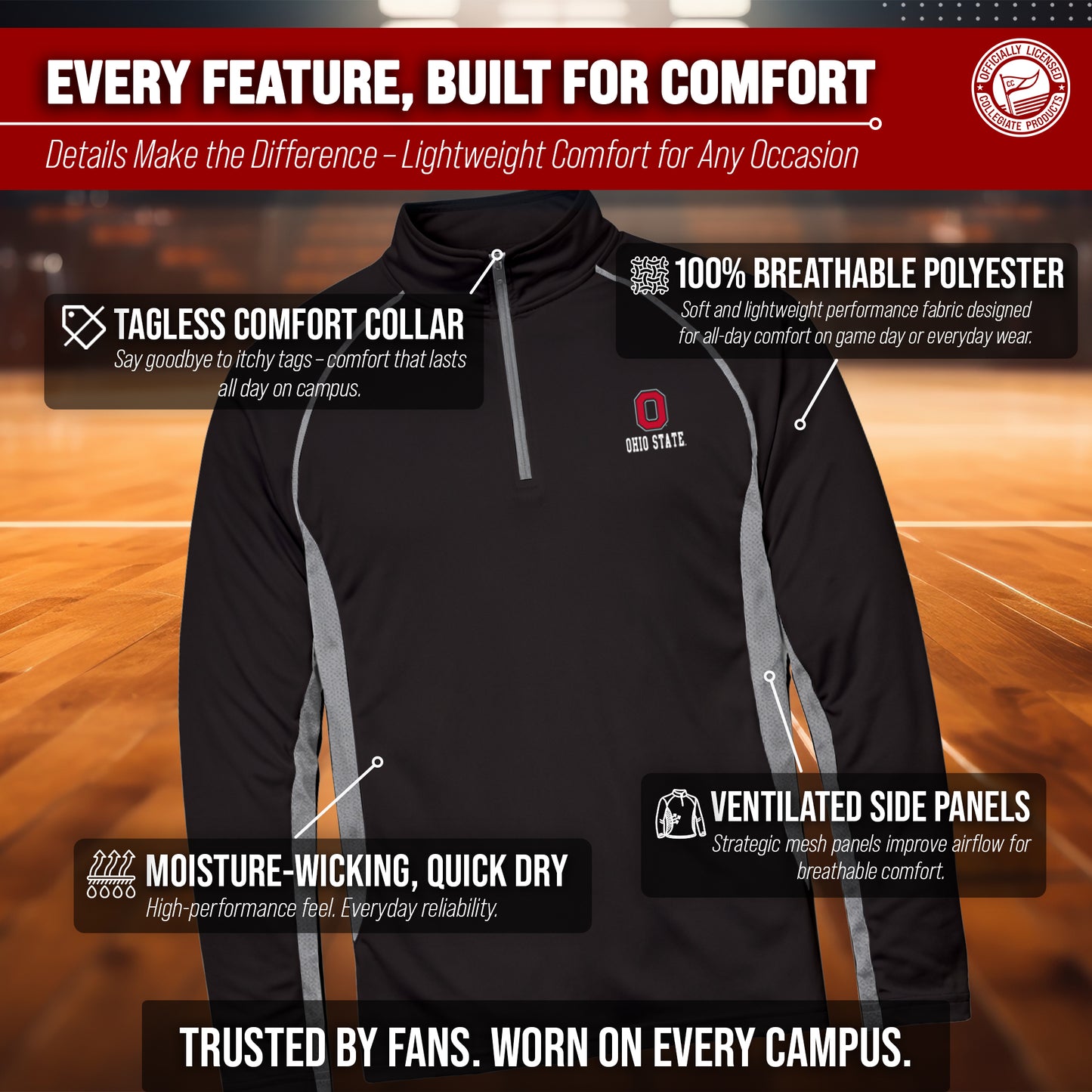 Ohio State Buckeyes Mens NCAA Campus Classic Long Sleeve 1/4 Zip Windshirt - Black