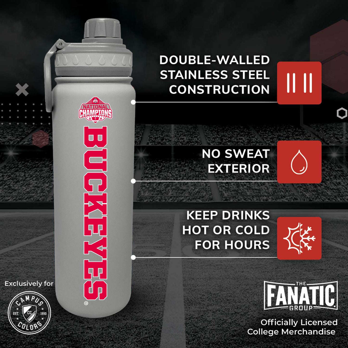 Ohio State Buckeyes NCAA College Football Nationship Championship 24 oz Water Bottle - Gray