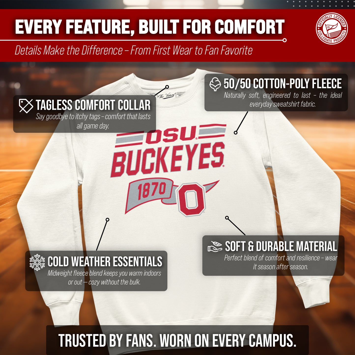 Ohio State Buckeyes NCAA Adult Unisex Varsity Club Pennant Crewneck Fleece Sweatshirt - Off White