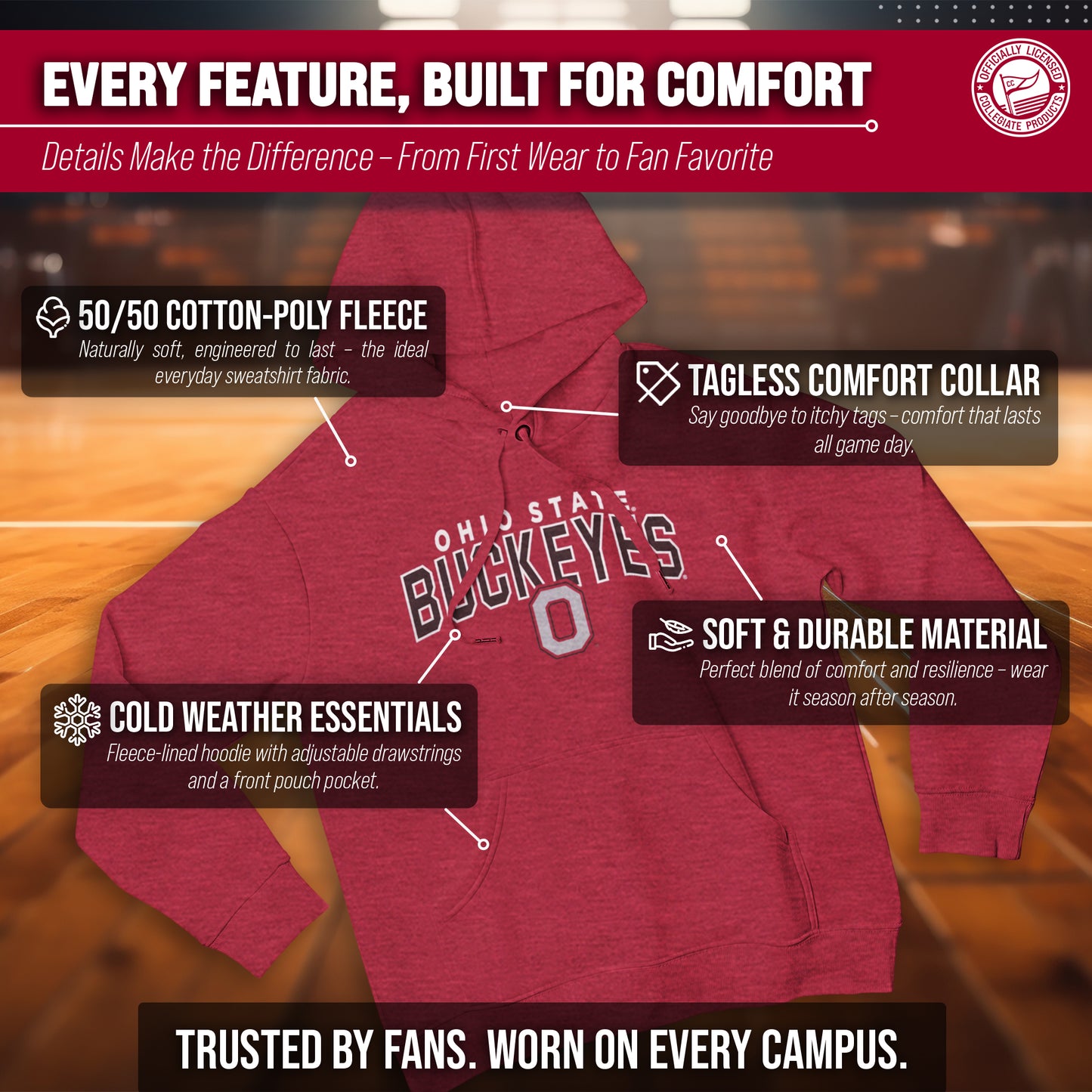 Ohio State Buckeyes NCAA Adult Unisex Starting Fresh Heathered Hooded Fleece Sweatshirt - Red Heather