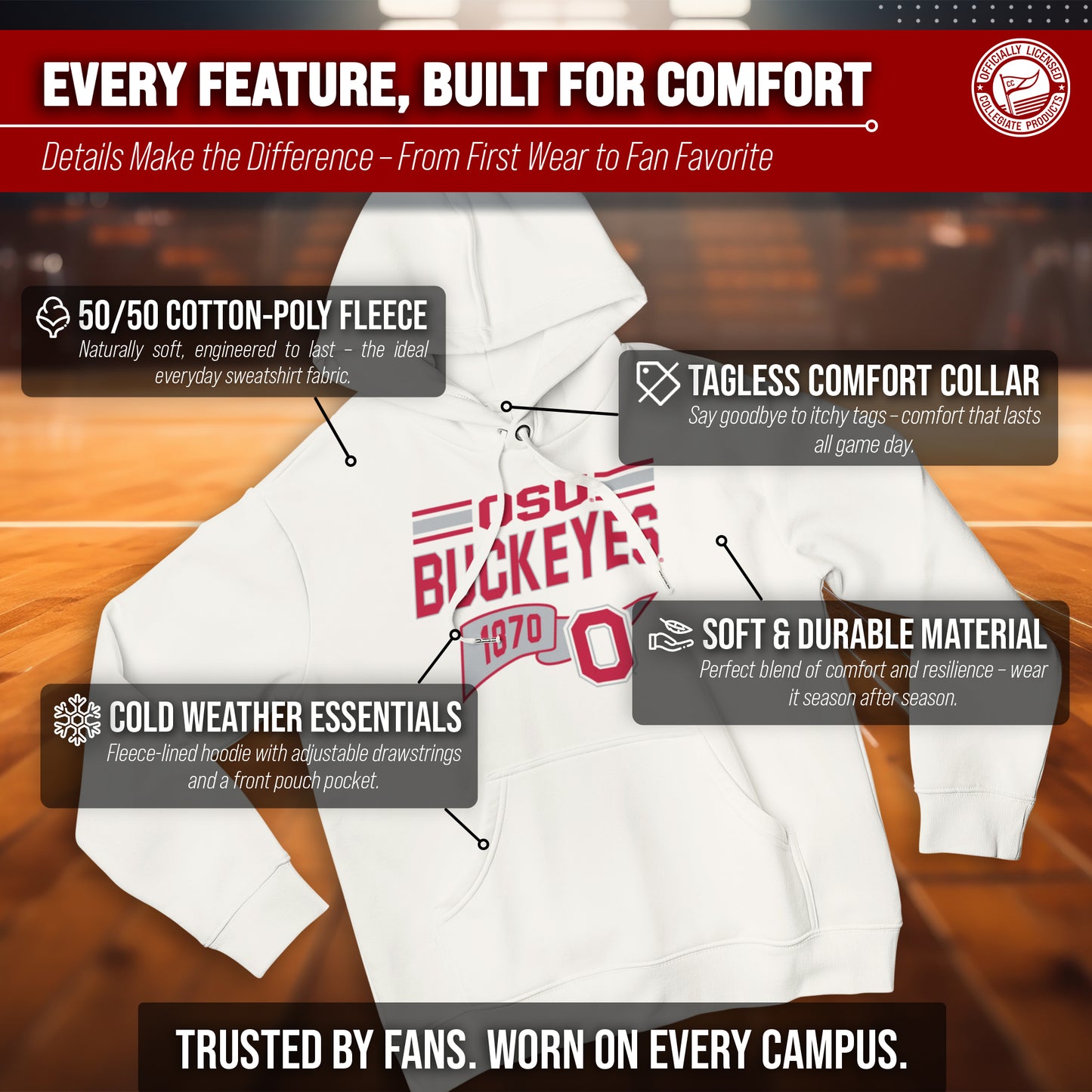 Ohio State Buckeyes NCAA Adult Unisex Varsity Club Pennant Hooded Fleece Sweatshirt - Off White