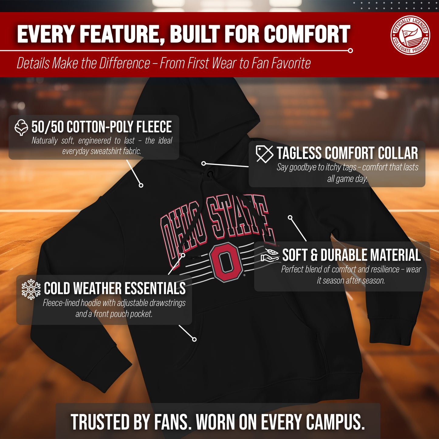 Ohio State Buckeyes NCAA Adult Unisex Overtime Classics Hooded Fleece Sweatshirt - Black
