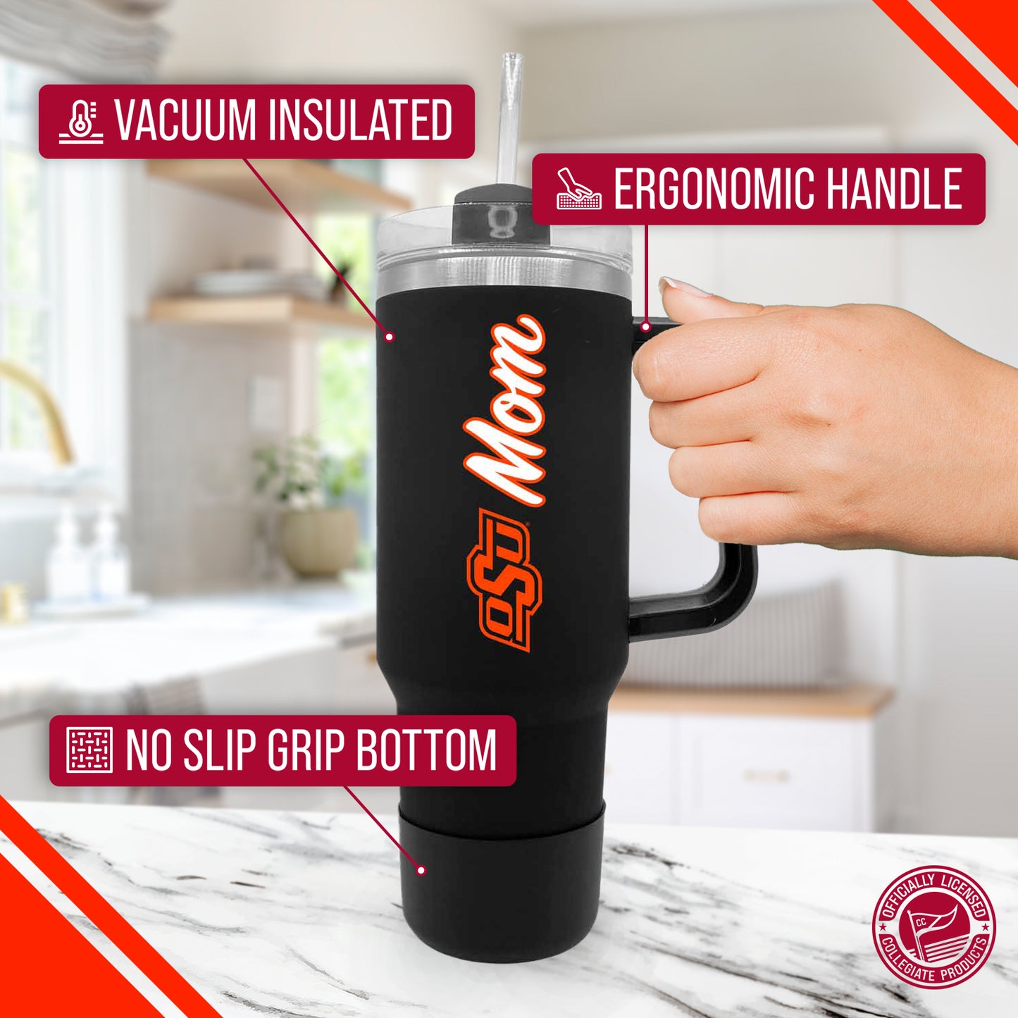 Oklahoma State Cowboys Collegiate 40oz Stainless Steel Travel Tumbler with Handle for Mom - Black