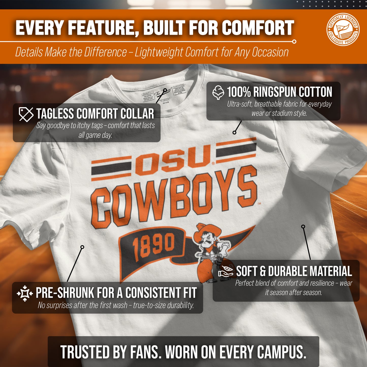 Oklahoma State Cowboys NCAA Adult Unisex Varsity Club Pennant T-Shirt Tag-Less - Off White