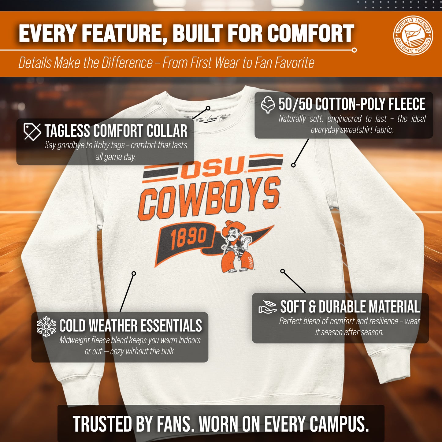 Oklahoma State Cowboys NCAA Adult Unisex Varsity Club Pennant Crewneck Fleece Sweatshirt - Off White