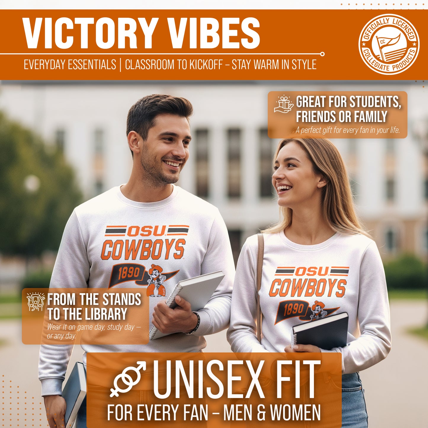 Oklahoma State Cowboys NCAA Adult Unisex Varsity Club Pennant Crewneck Fleece Sweatshirt - Off White