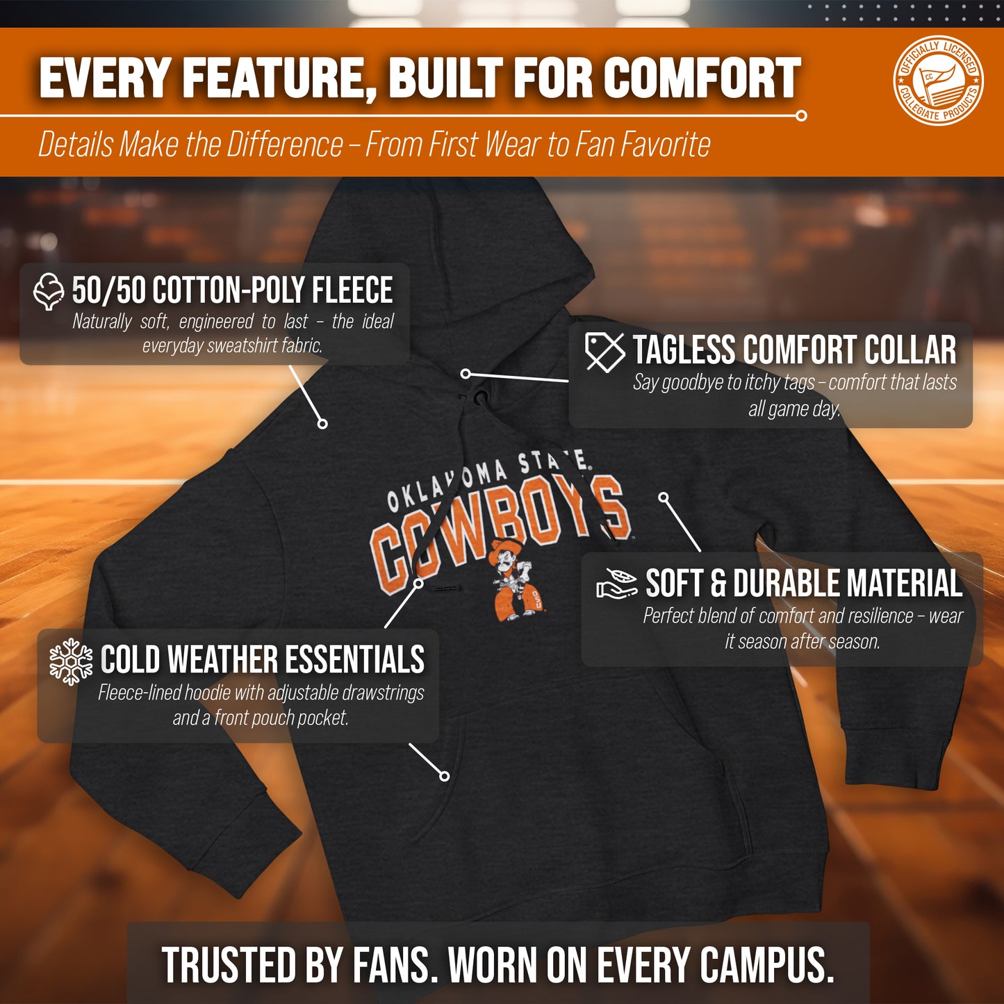 Oklahoma State Cowboys NCAA Adult Unisex Starting Fresh Heathered Hooded Fleece Sweatshirt - Black Heather