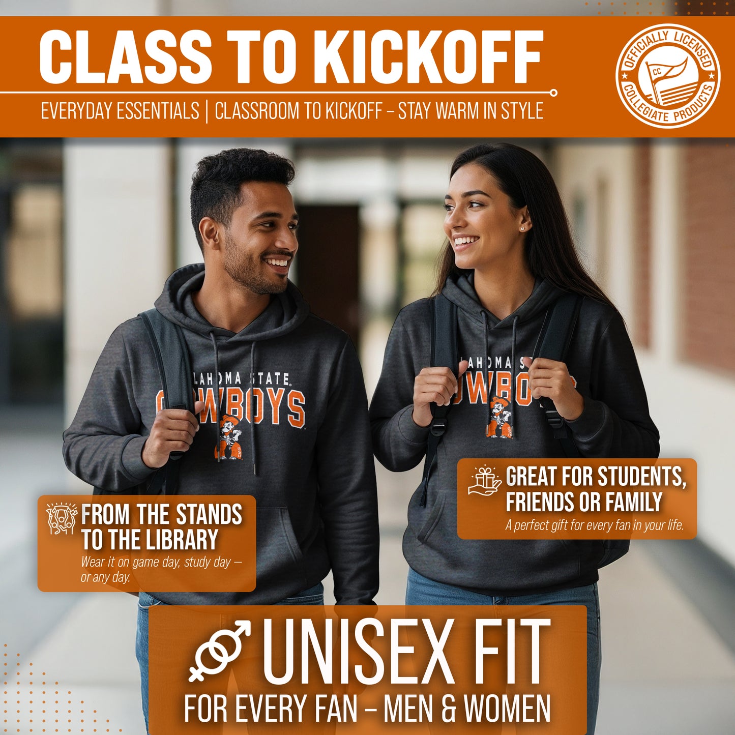 Oklahoma State Cowboys NCAA Adult Unisex Starting Fresh Heathered Hooded Fleece Sweatshirt - Black Heather