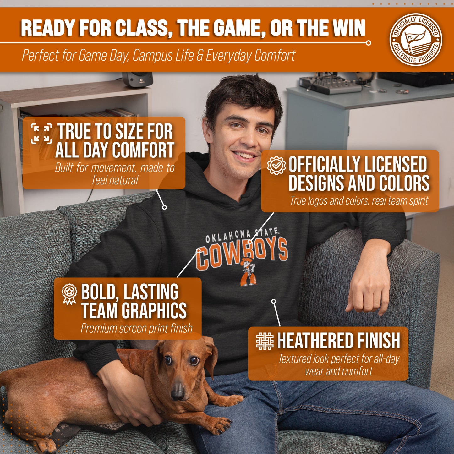 Oklahoma State Cowboys NCAA Adult Unisex Starting Fresh Heathered Hooded Fleece Sweatshirt - Black Heather