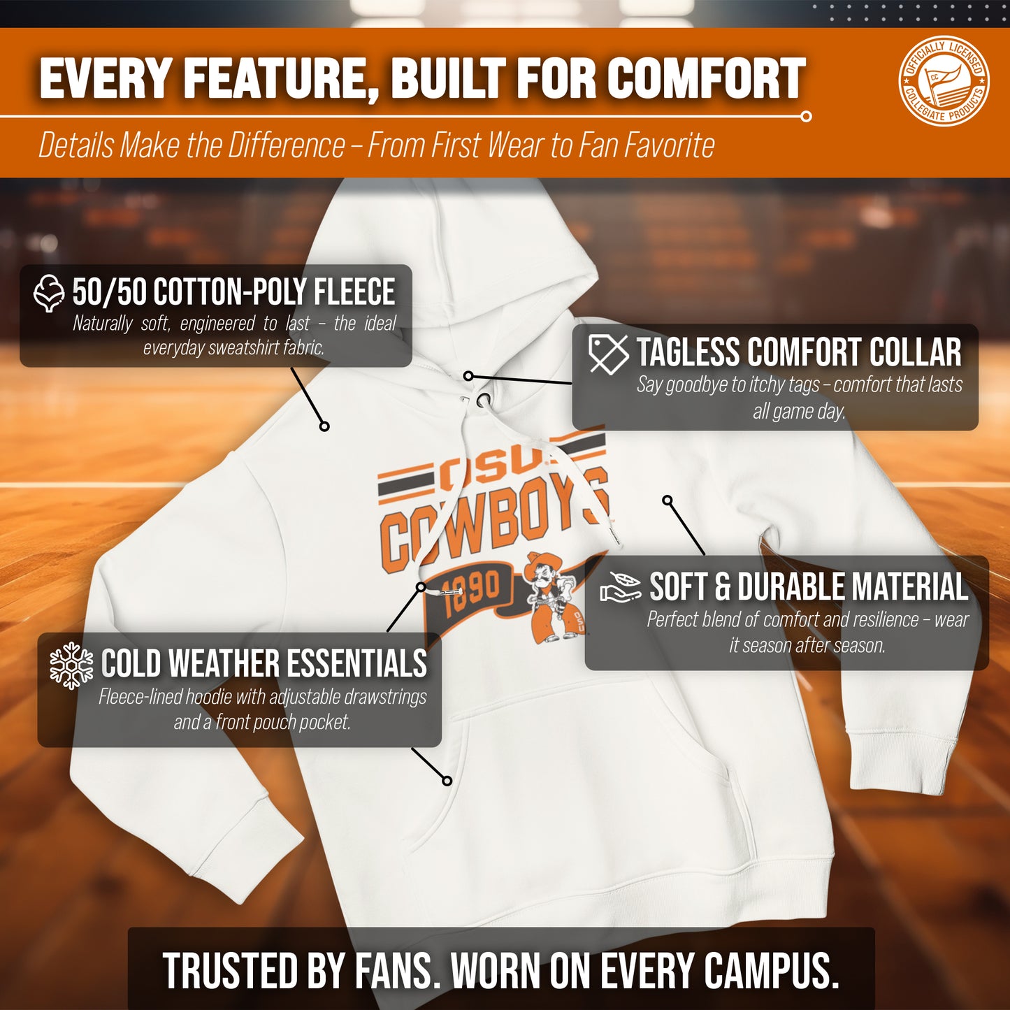Oklahoma State Cowboys NCAA Adult Unisex Varsity Club Pennant Hooded Fleece Sweatshirt - Off White