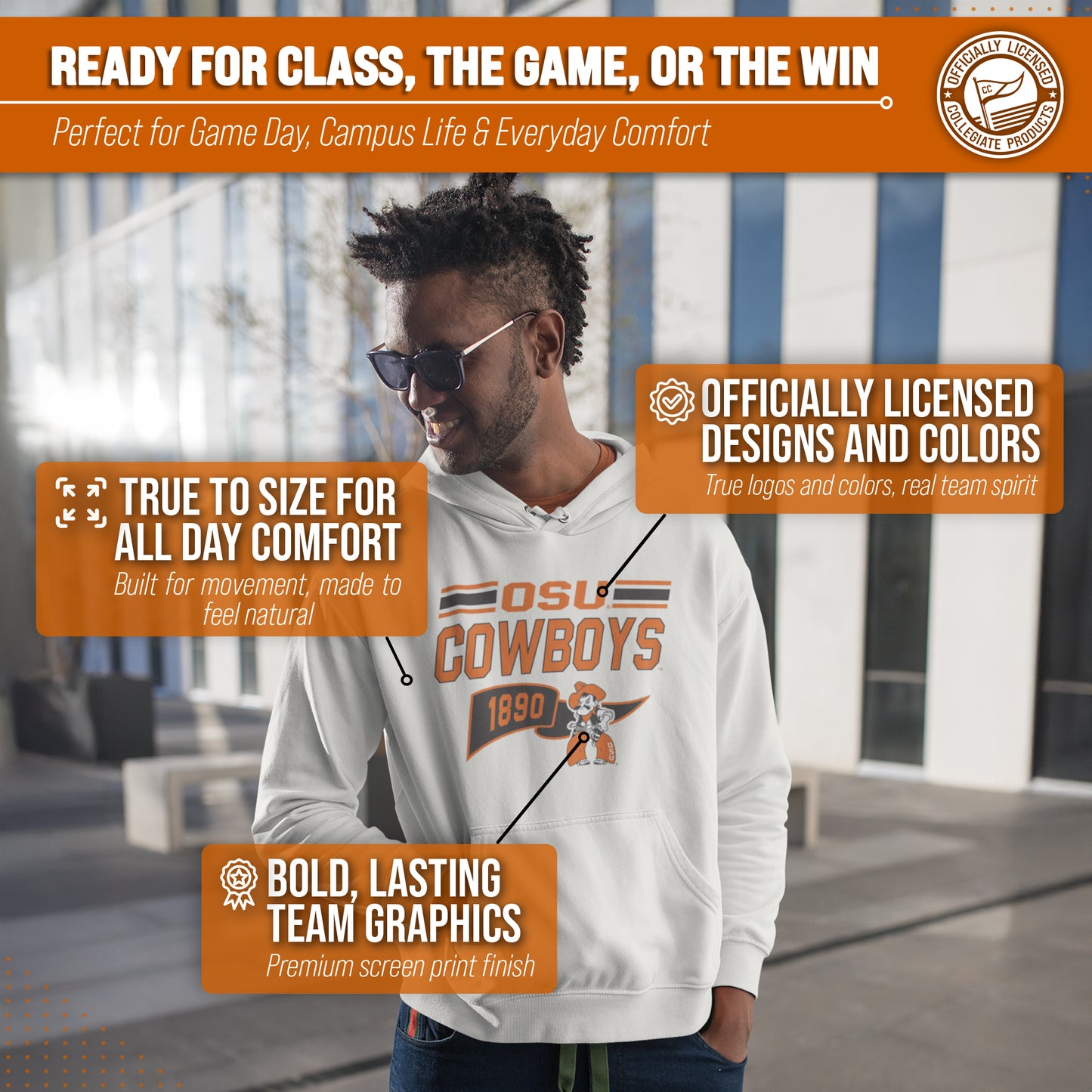 Oklahoma State Cowboys NCAA Adult Unisex Varsity Club Pennant Hooded Fleece Sweatshirt - Off White