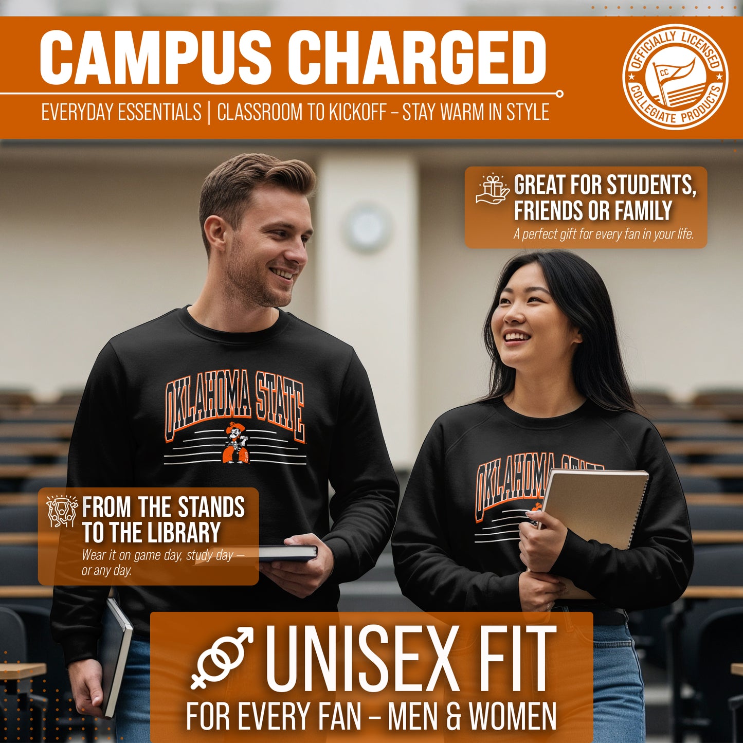 Oklahoma State Cowboys NCAA Adult Unisex Overtime Classics Crewneck Fleece Sweatshirt - Black