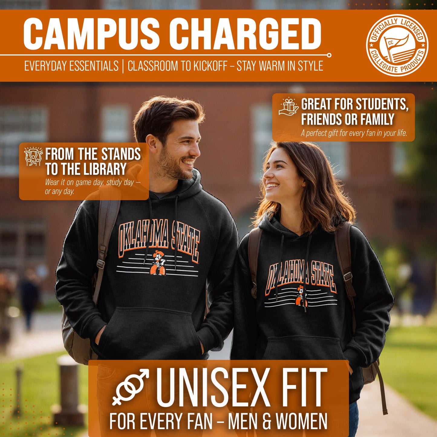 Oklahoma State Cowboys NCAA Adult Unisex Overtime Classics Hooded Fleece Sweatshirt - Black