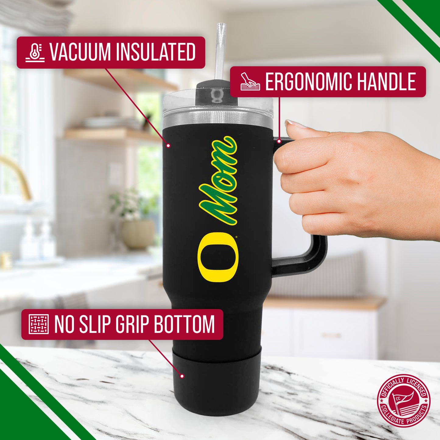 Oregon Ducks Collegiate 40oz Stainless Steel Travel Tumbler with Handle for Mom - Black