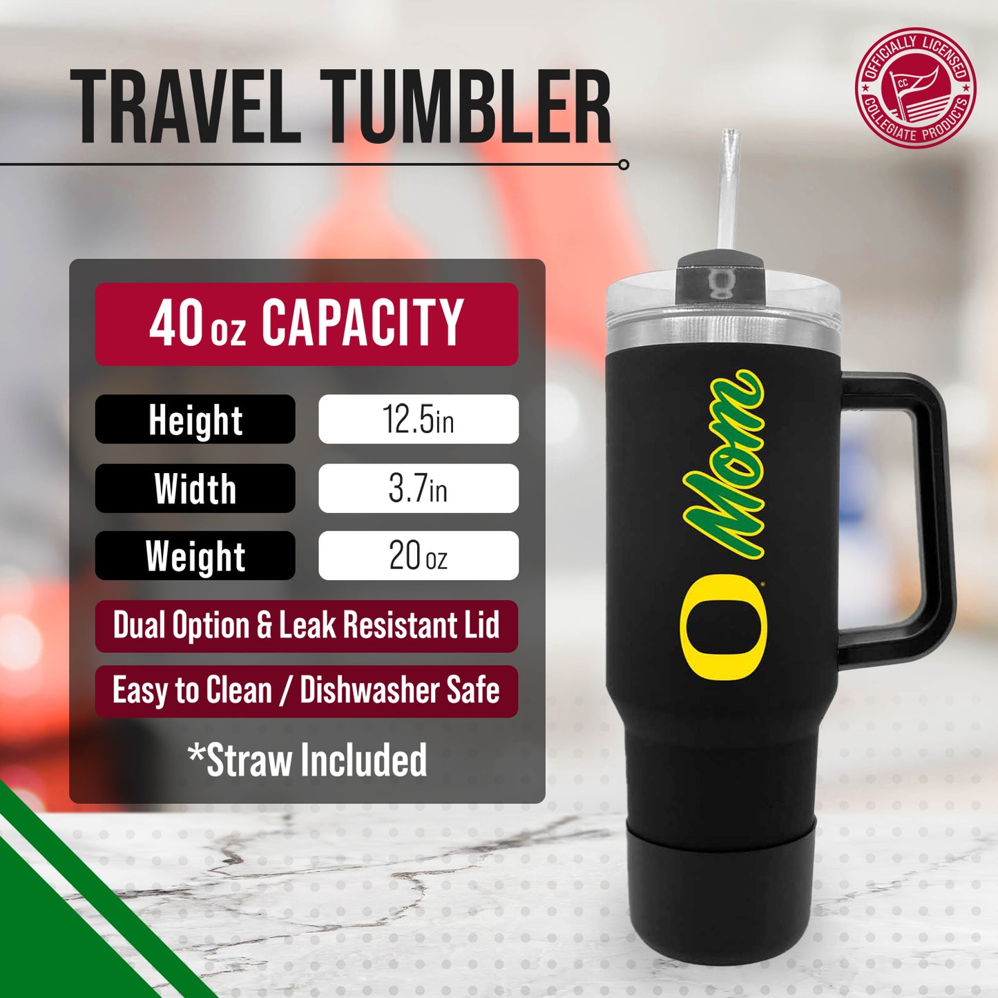 Oregon Ducks Collegiate 40oz Stainless Steel Travel Tumbler with Handle for Mom - Black
