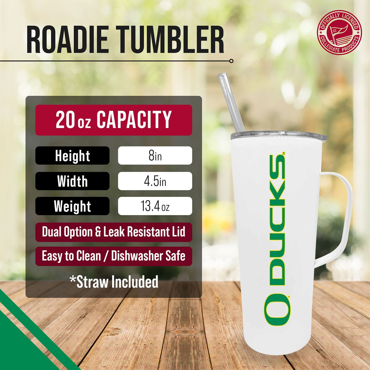 Oregon Ducks NCAA Stainless Steel 20oz Roadie With Handle & Dual Option Lid With Straw - White