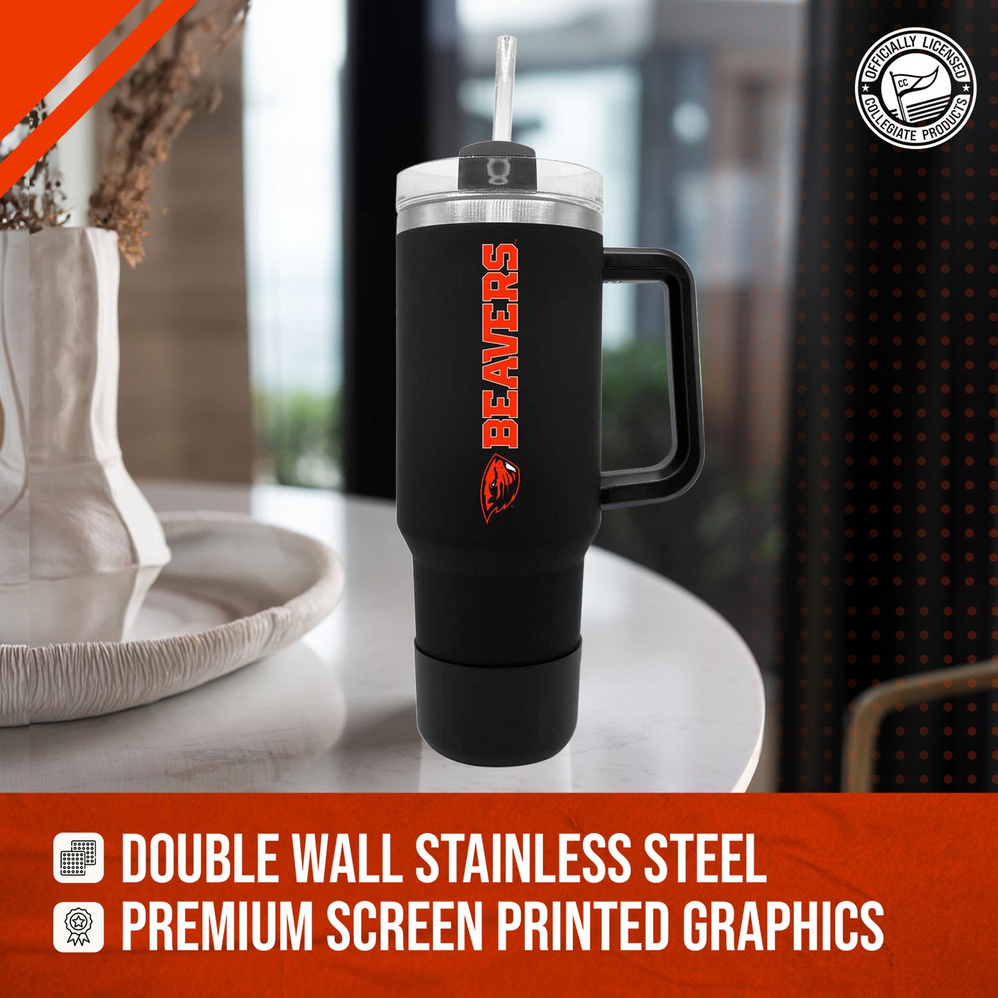 Oregon State Beavers College & University 40 oz Travel Tumbler With Handle - Black