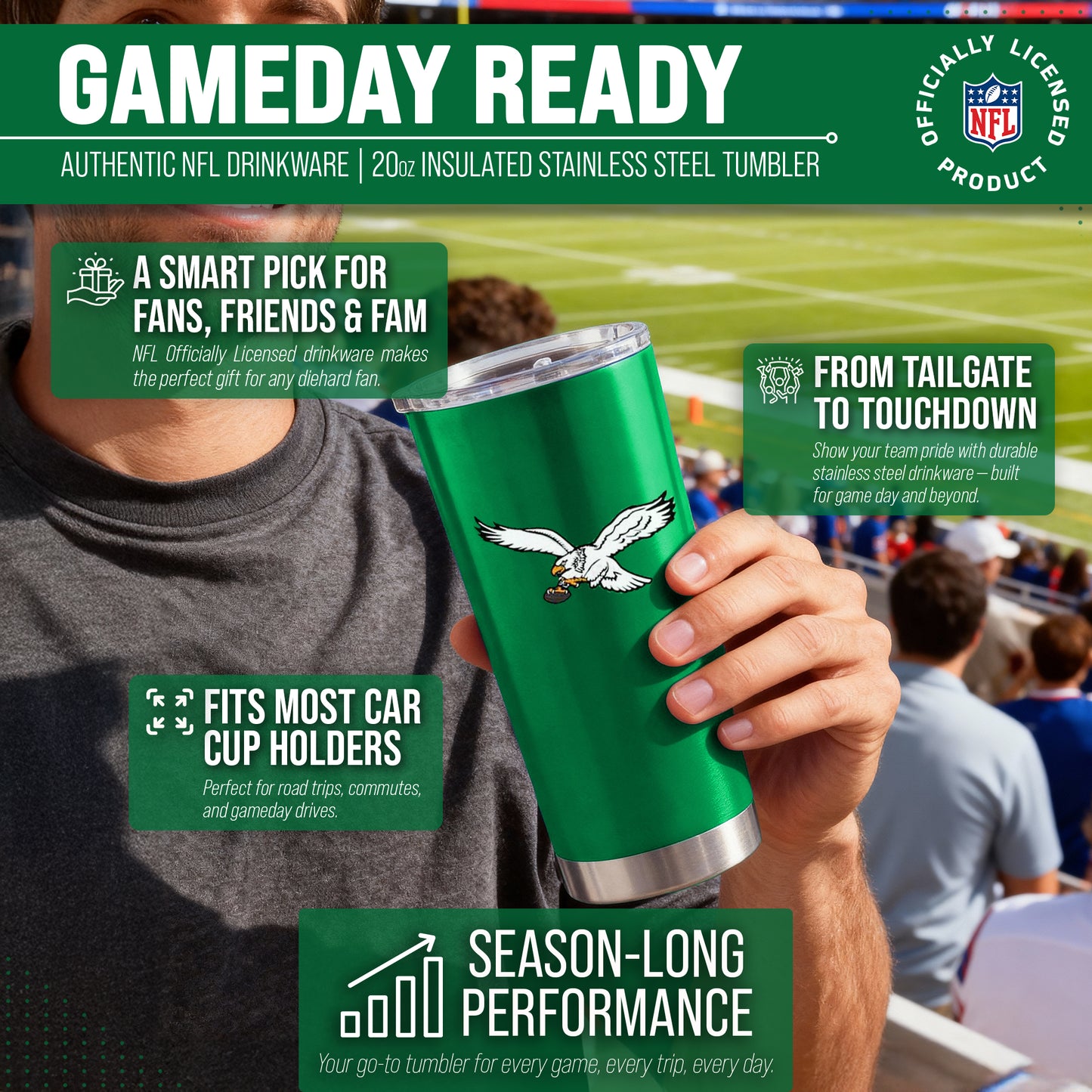 Philadelphia Eagles NFL 20oz Gameday Stainless Steel Tumbler - Kelly Green