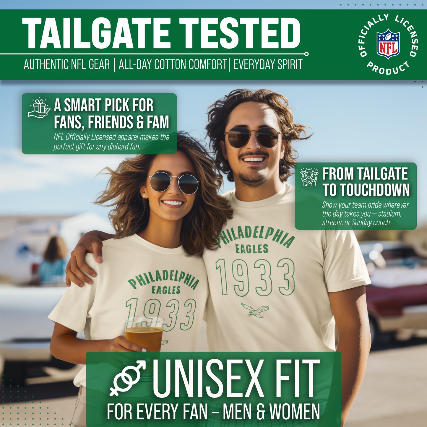 Philadelphia Eagles NFL Adult Big Date Tag-Less T-Shirt - Natural