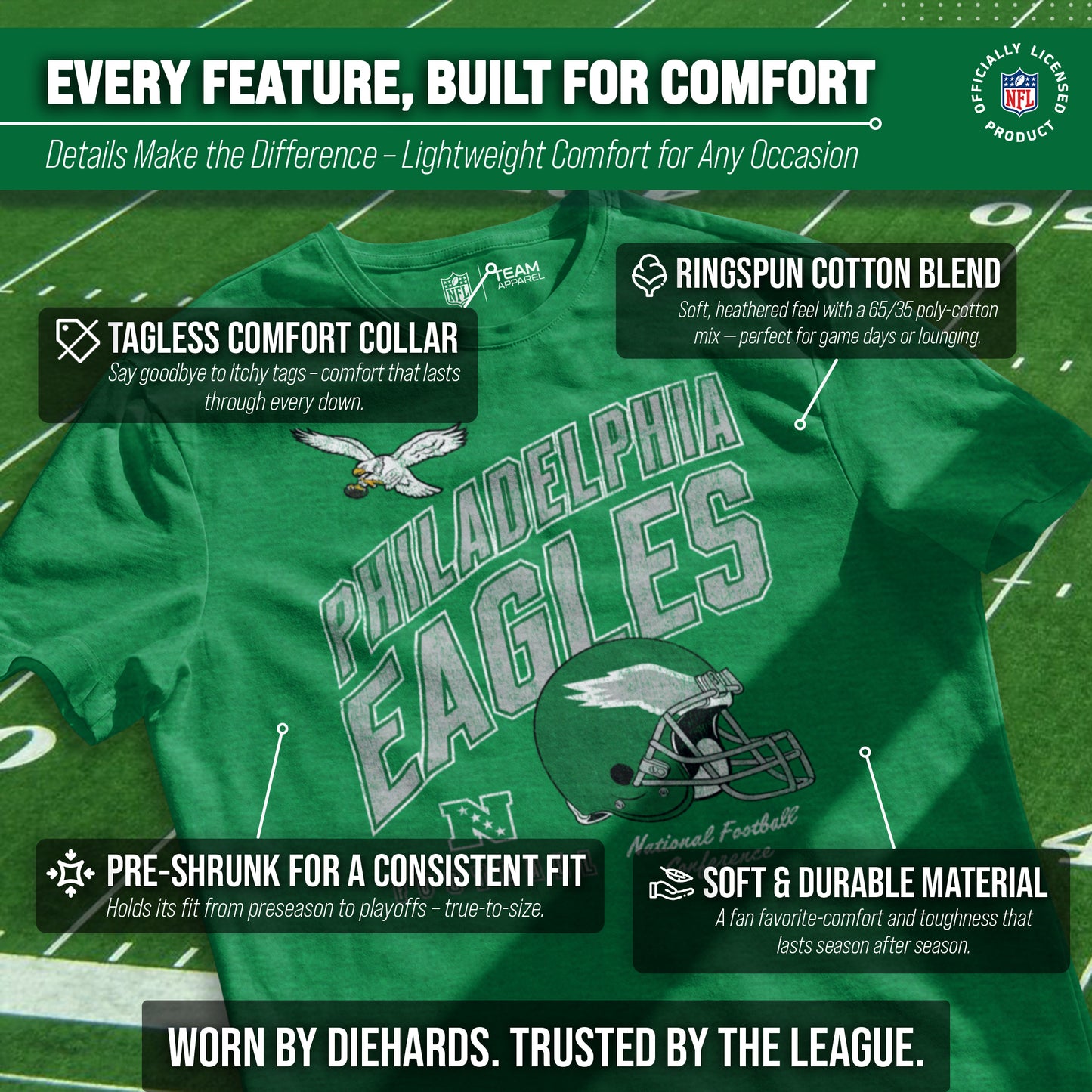 Philadelphia Eagles NFL Adult Distressed Helmet Tag-Less T-Shirt - Kelly Green Heather