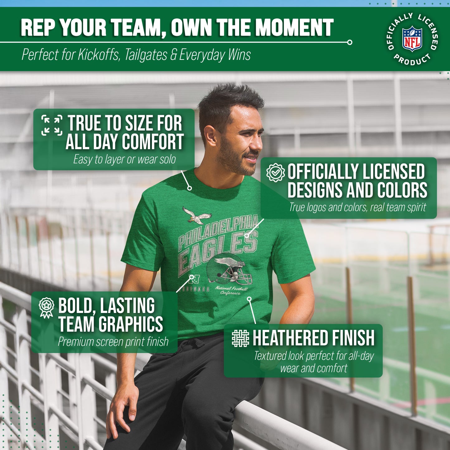 Philadelphia Eagles NFL Adult Distressed Helmet Tag-Less T-Shirt - Kelly Green Heather