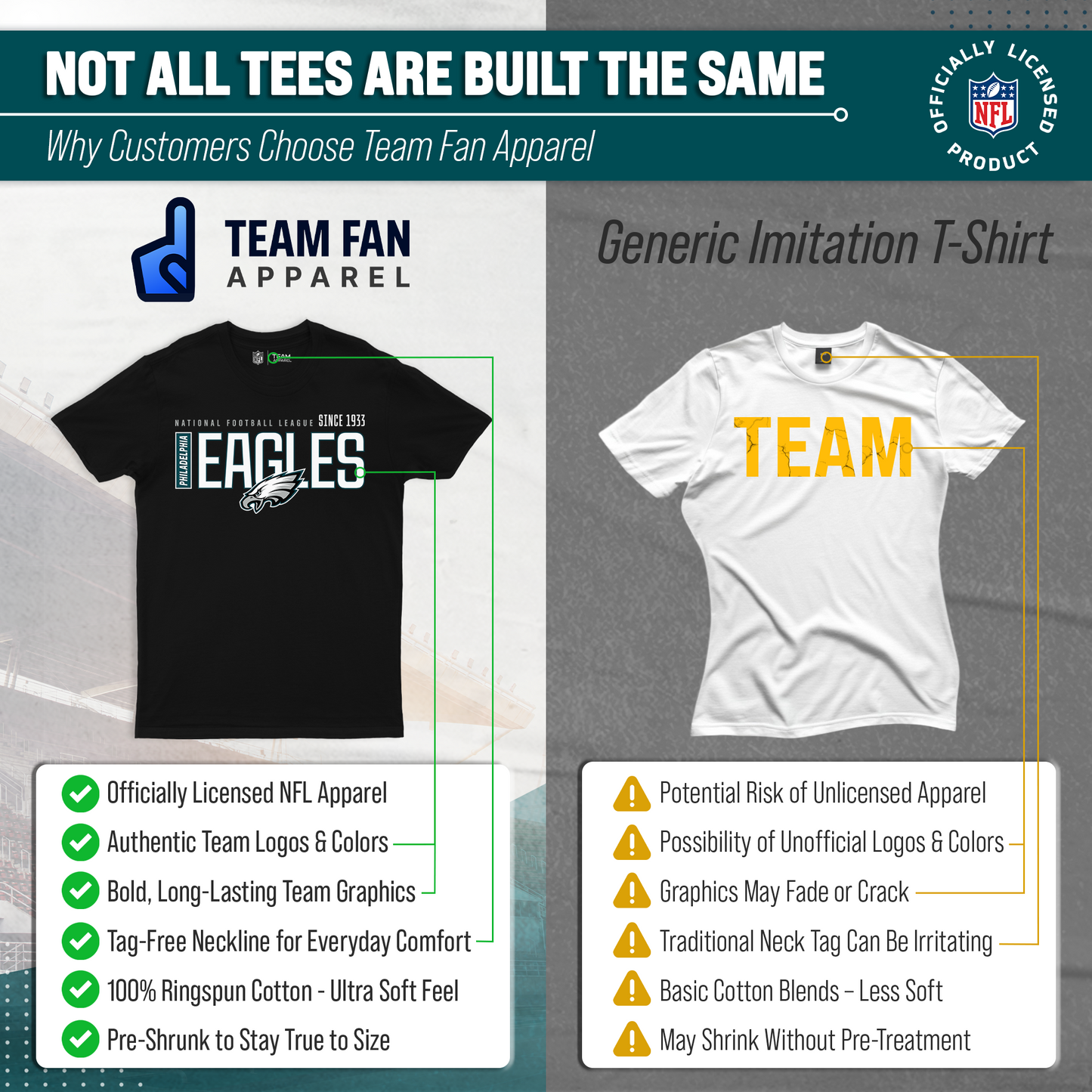 Philadelphia Eagles NFL Adult Modern Endzone Tag-Less T-Shirt - Black