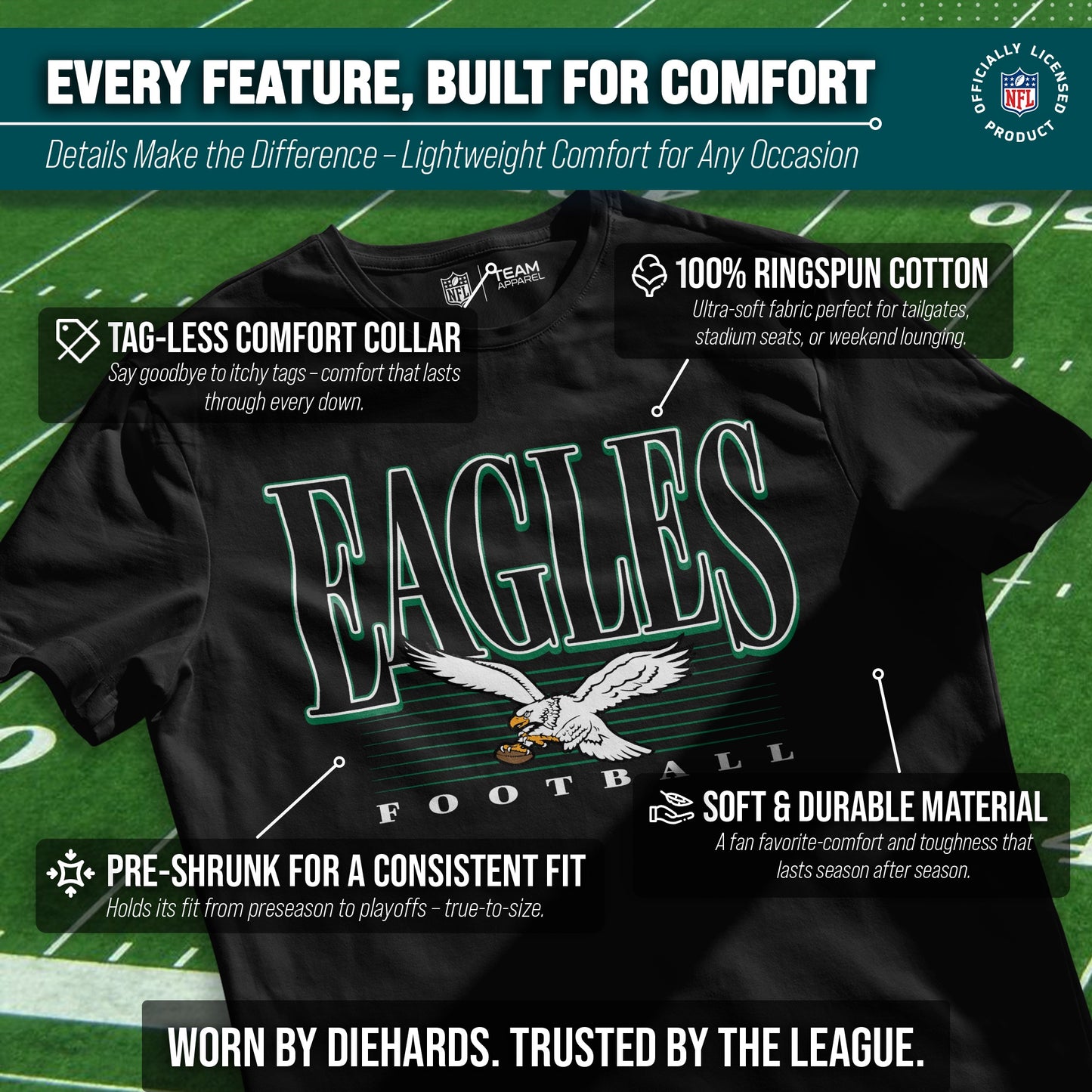 Philadelphia Eagles NFL Adult Overtime Blueprint Tag-Less T-Shirt - Black