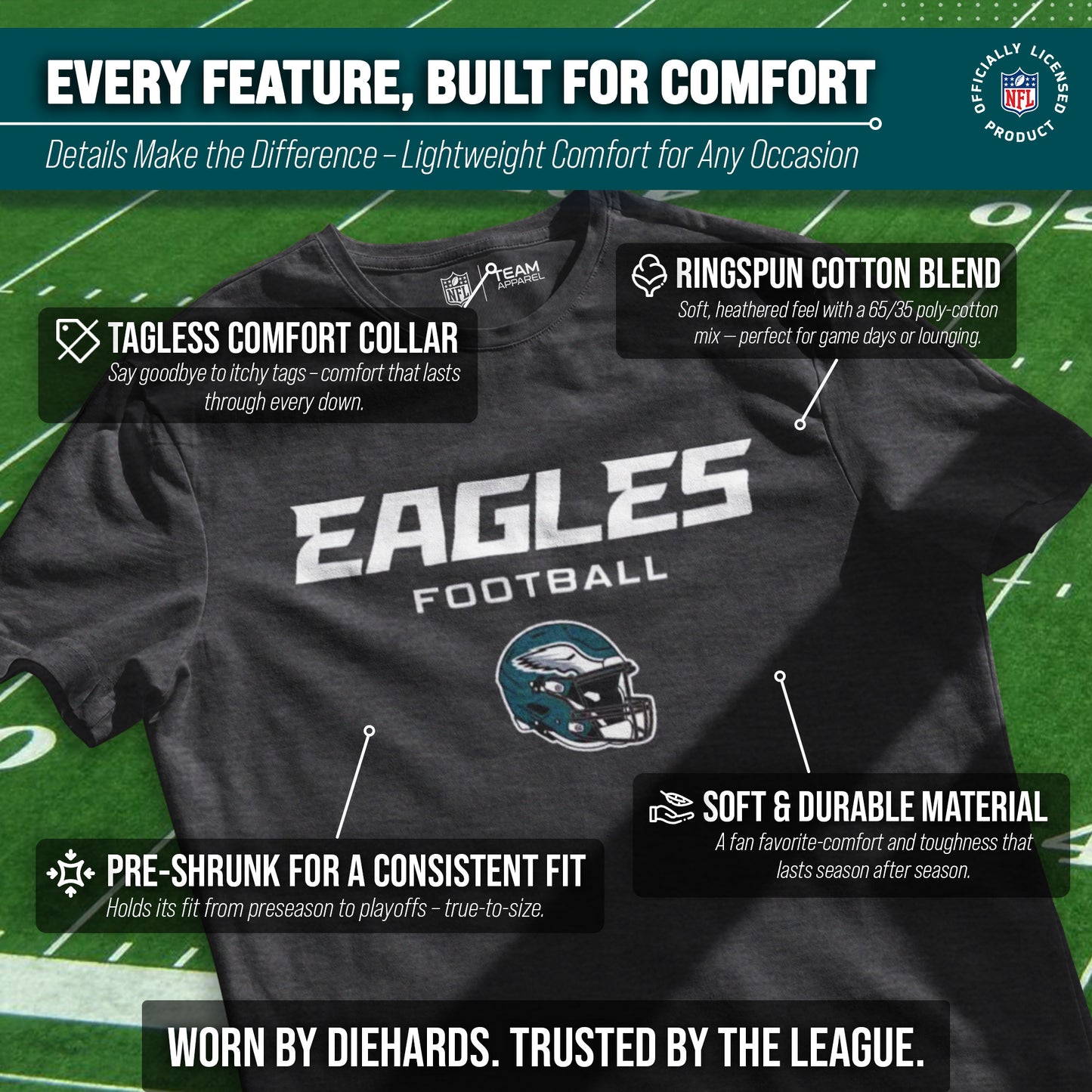 Philadelphia Eagles NFL Adult Football Helmet Tagless T-Shirt - Charcoal