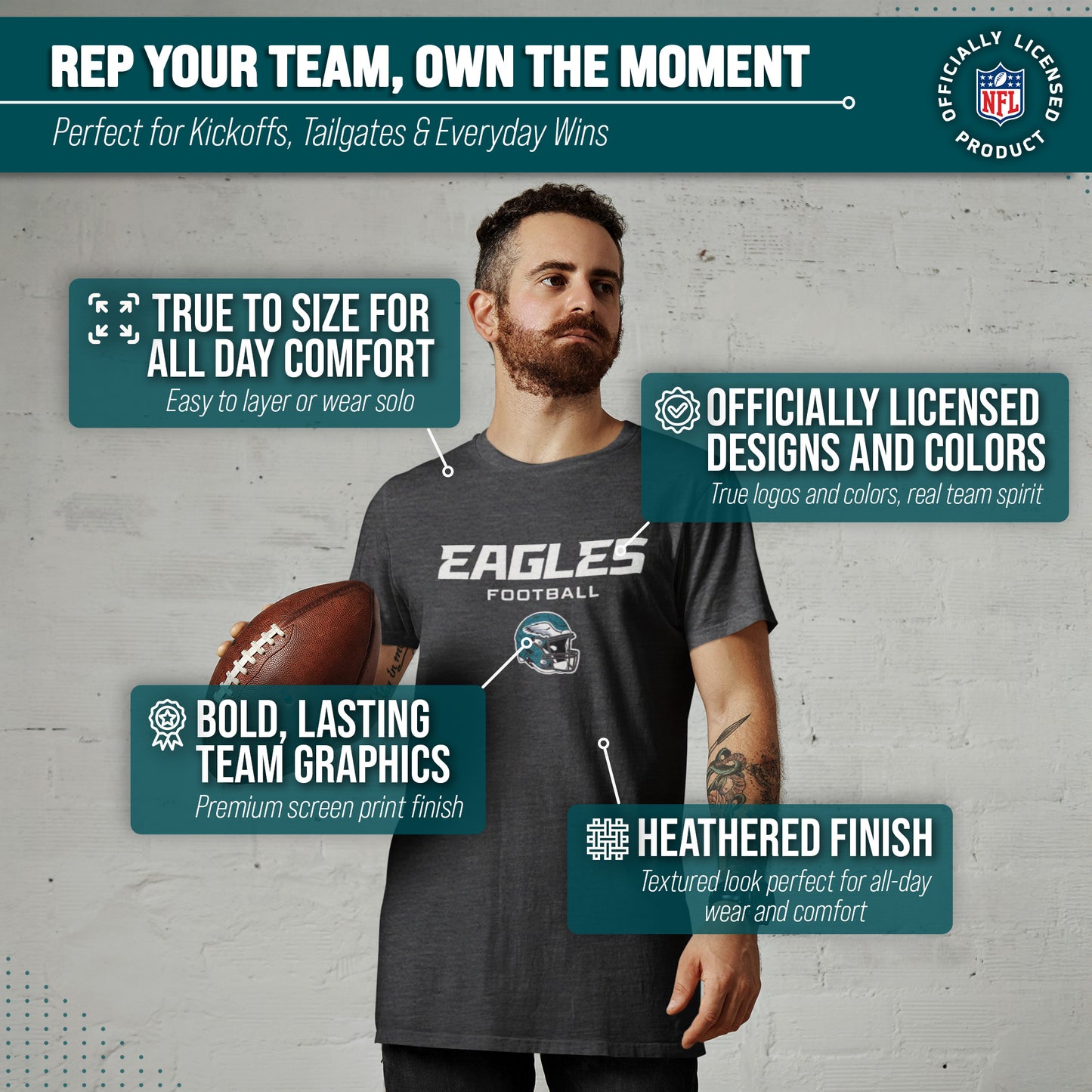 Philadelphia Eagles NFL Adult Football Helmet Tagless T-Shirt - Charcoal