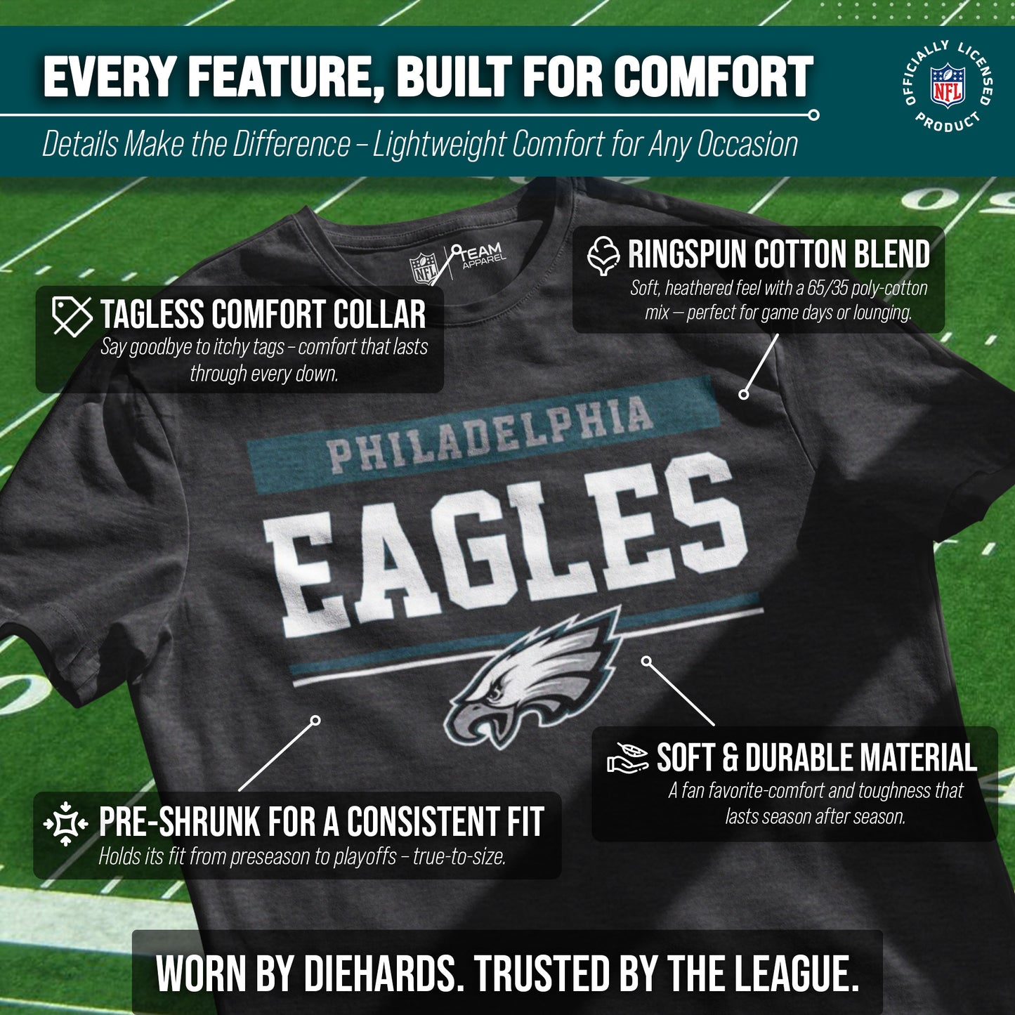 Philadelphia Eagles NFL Adult Team Block Tagless T-Shirt - Charcoal