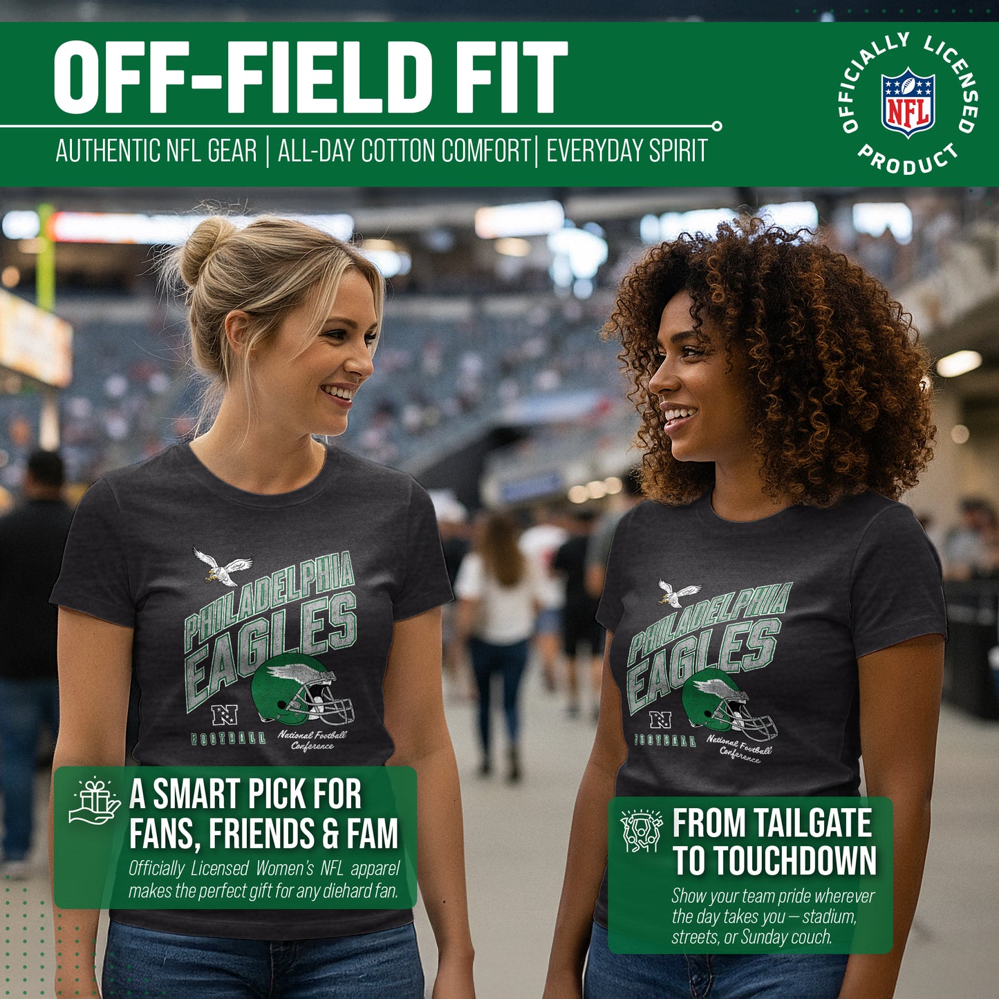 Philadelphia Eagles NFL Womens Distressed Helmet Tag-Less Soft T-Shirt - Black