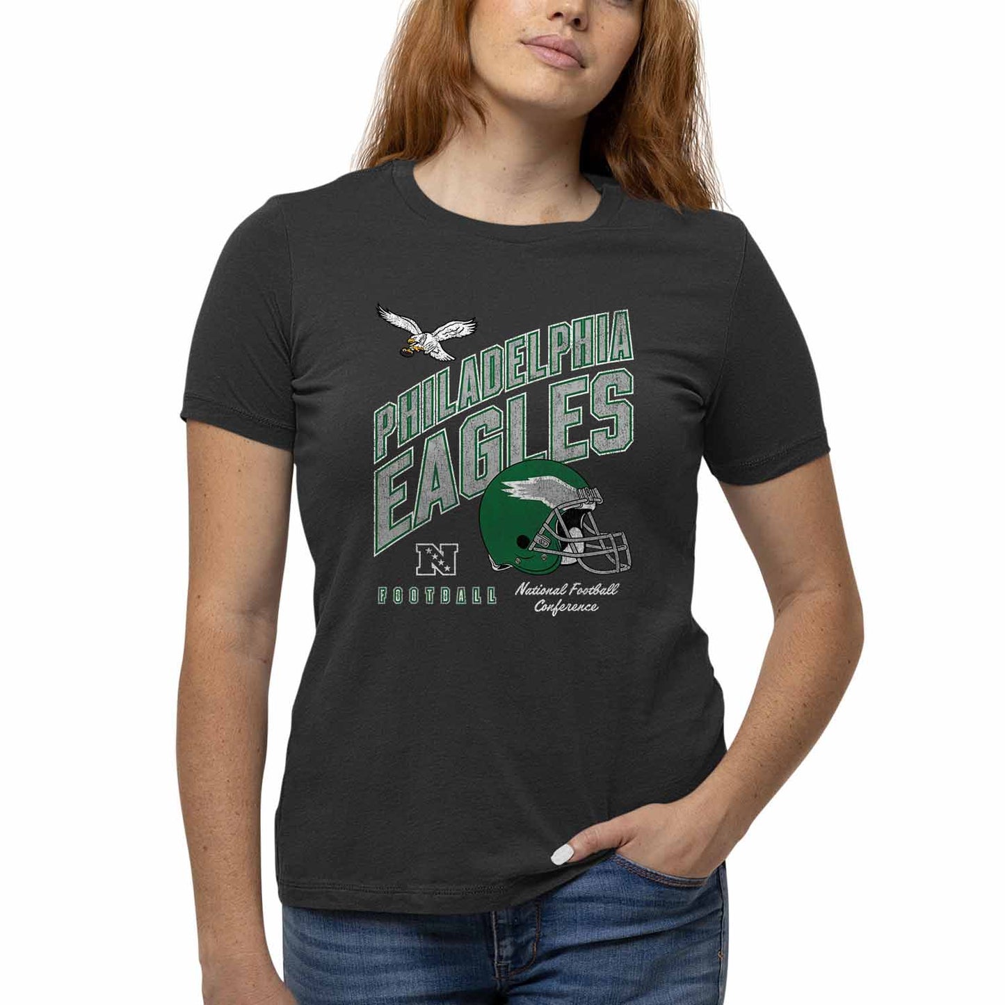 Philadelphia Eagles NFL Womens Distressed Helmet Tag-Less Soft T-Shirt - Black