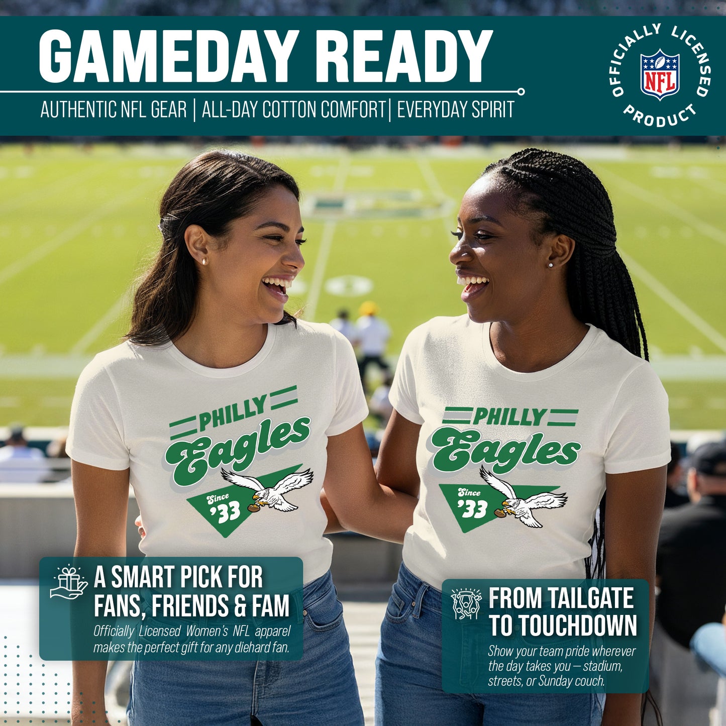 Philadelphia Eagles NFL Womens Vintage Charm Tag-Less Soft T-Shirt - Birch