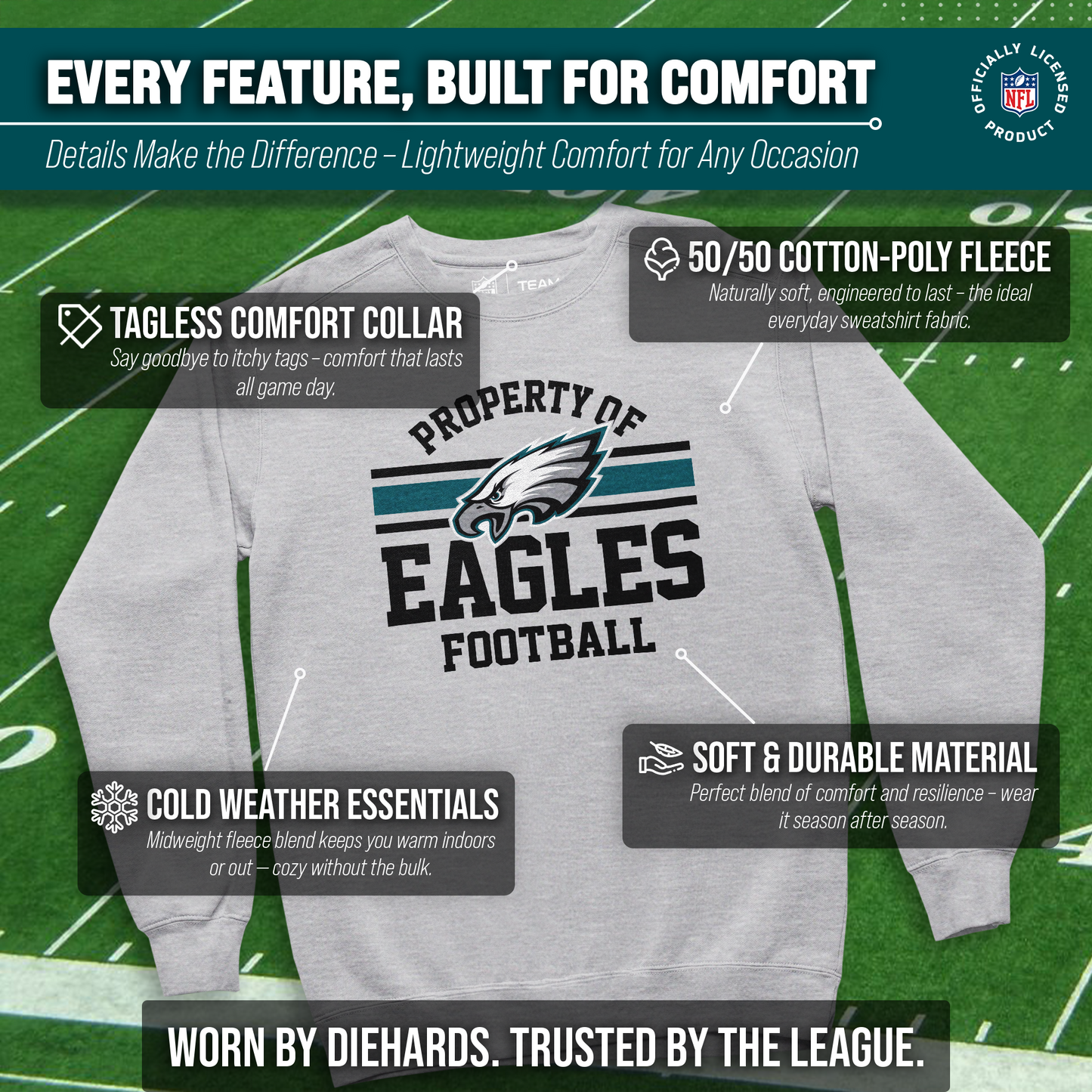 Philadelphia Eagles NFL Adult Property Of Crewneck Fleece Sweatshirt - Sport Gray