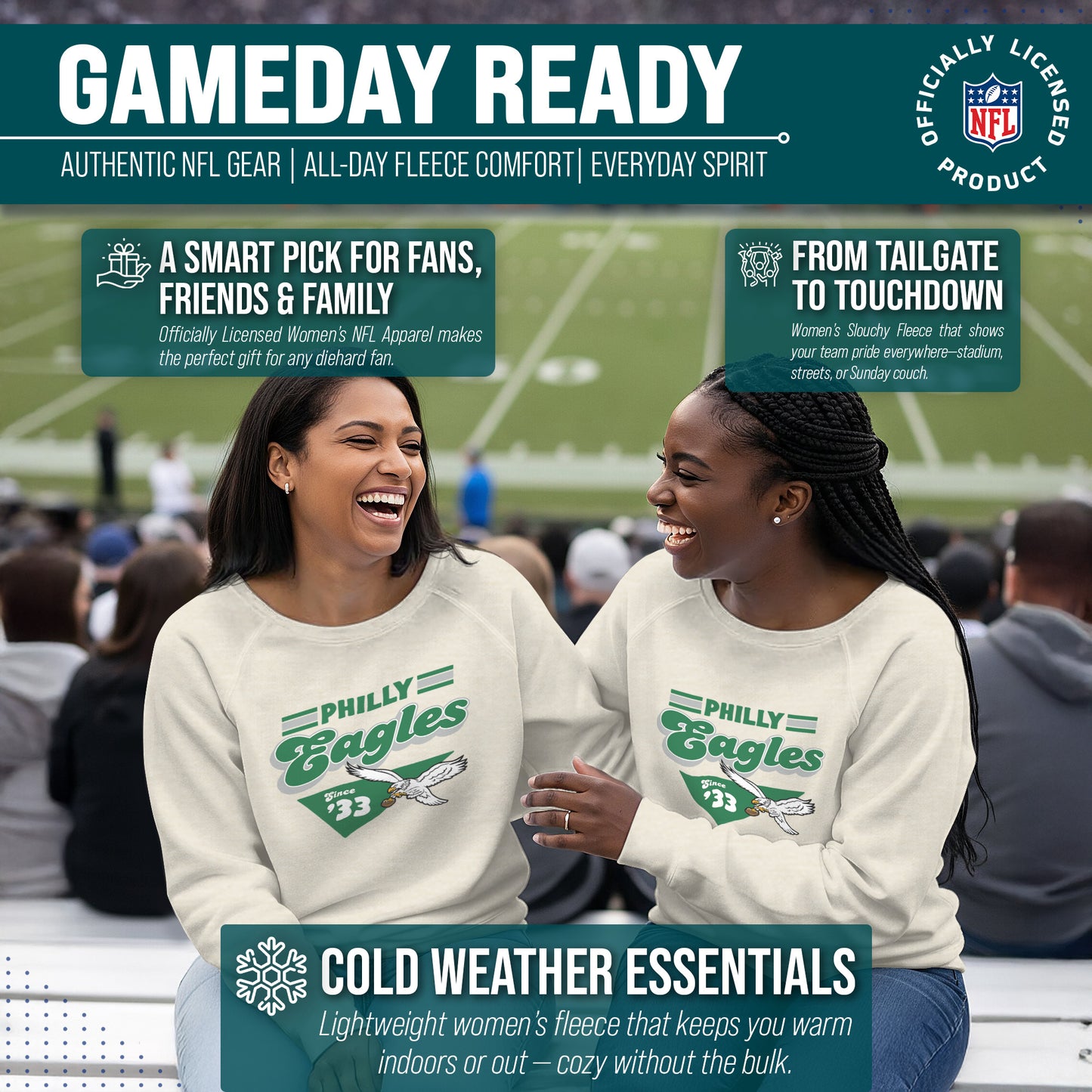 Philadelphia Eagles NFL Womens Vintage Charm Slouchy Crewneck - Birch