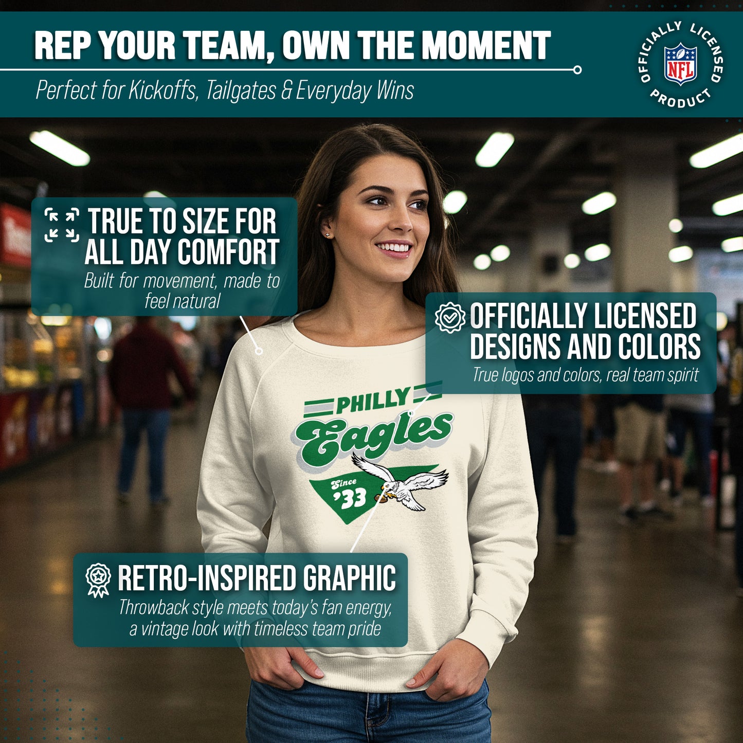 Philadelphia Eagles NFL Womens Vintage Charm Slouchy Crewneck - Birch