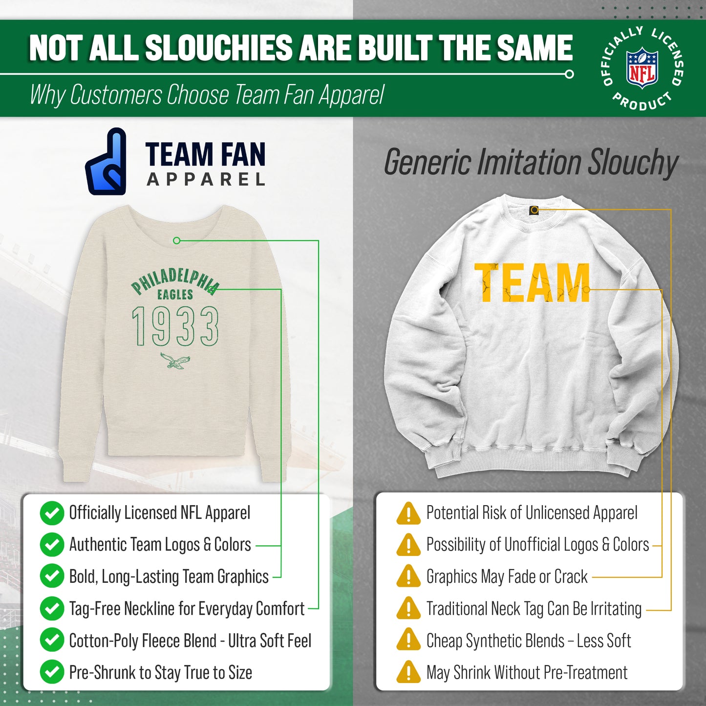 Philadelphia Eagles NFL Womens Big Date French Terry Slouchy Top - Natural