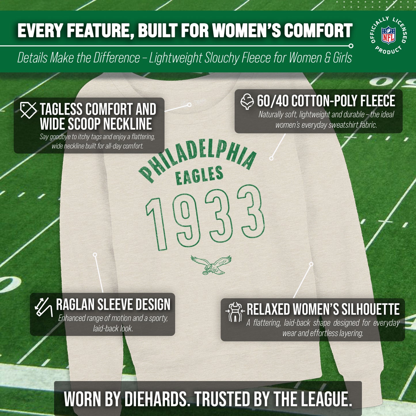 Philadelphia Eagles NFL Womens Big Date French Terry Slouchy Top - Natural