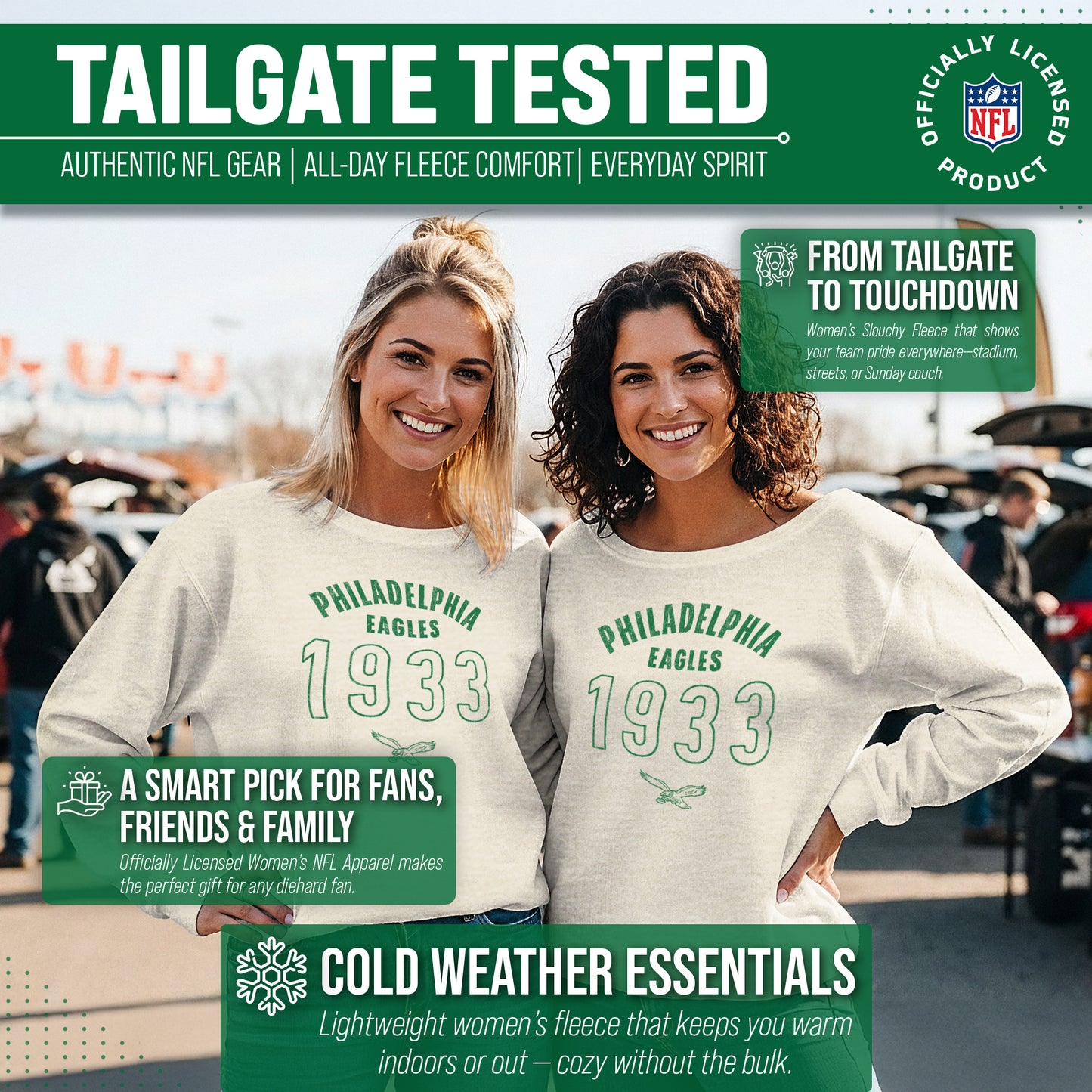 Philadelphia Eagles NFL Womens Big Date French Terry Slouchy Top - Natural