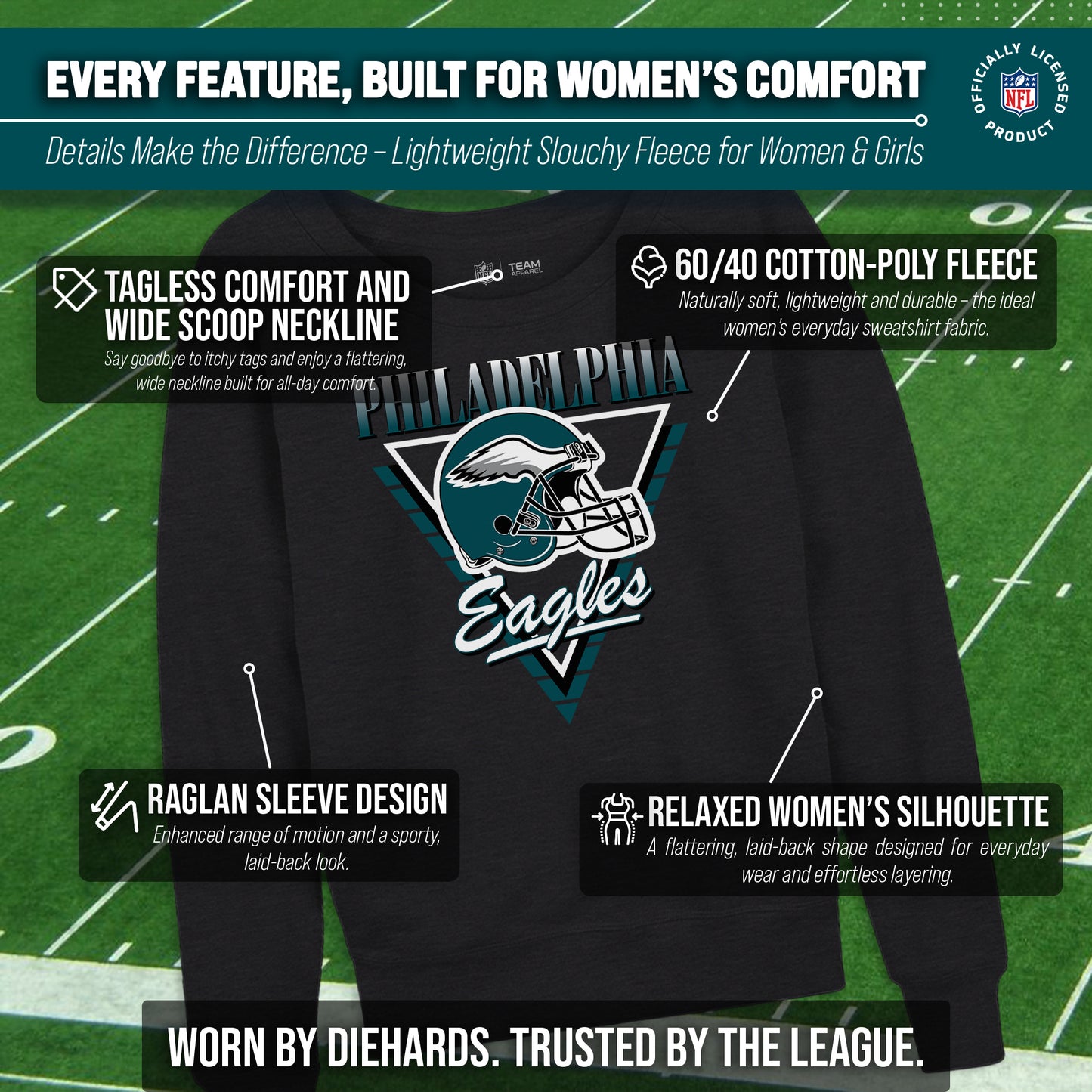 Philadelphia Eagles NFL Womens Retro Triangle Slouchy Crewneck - Heather Charcoal