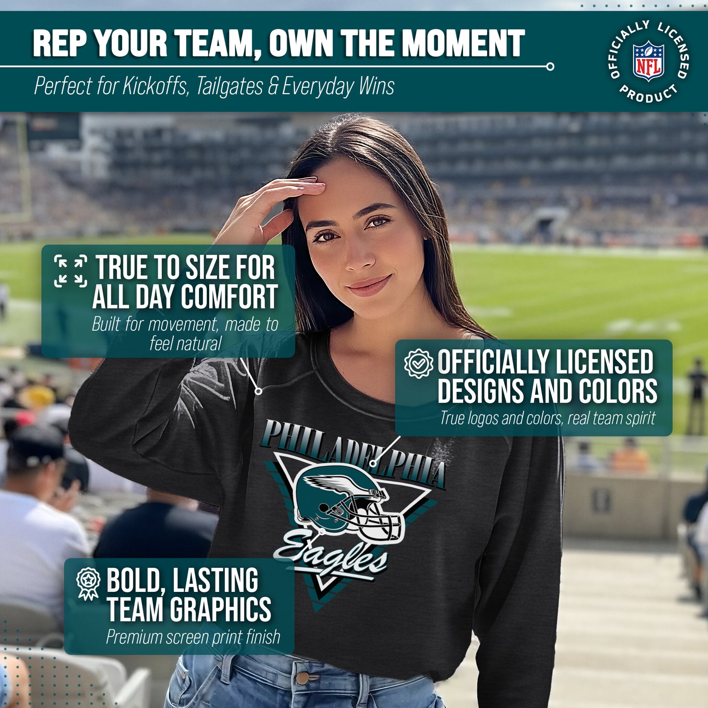 Philadelphia Eagles NFL Womens Retro Triangle Slouchy Crewneck - Heather Charcoal