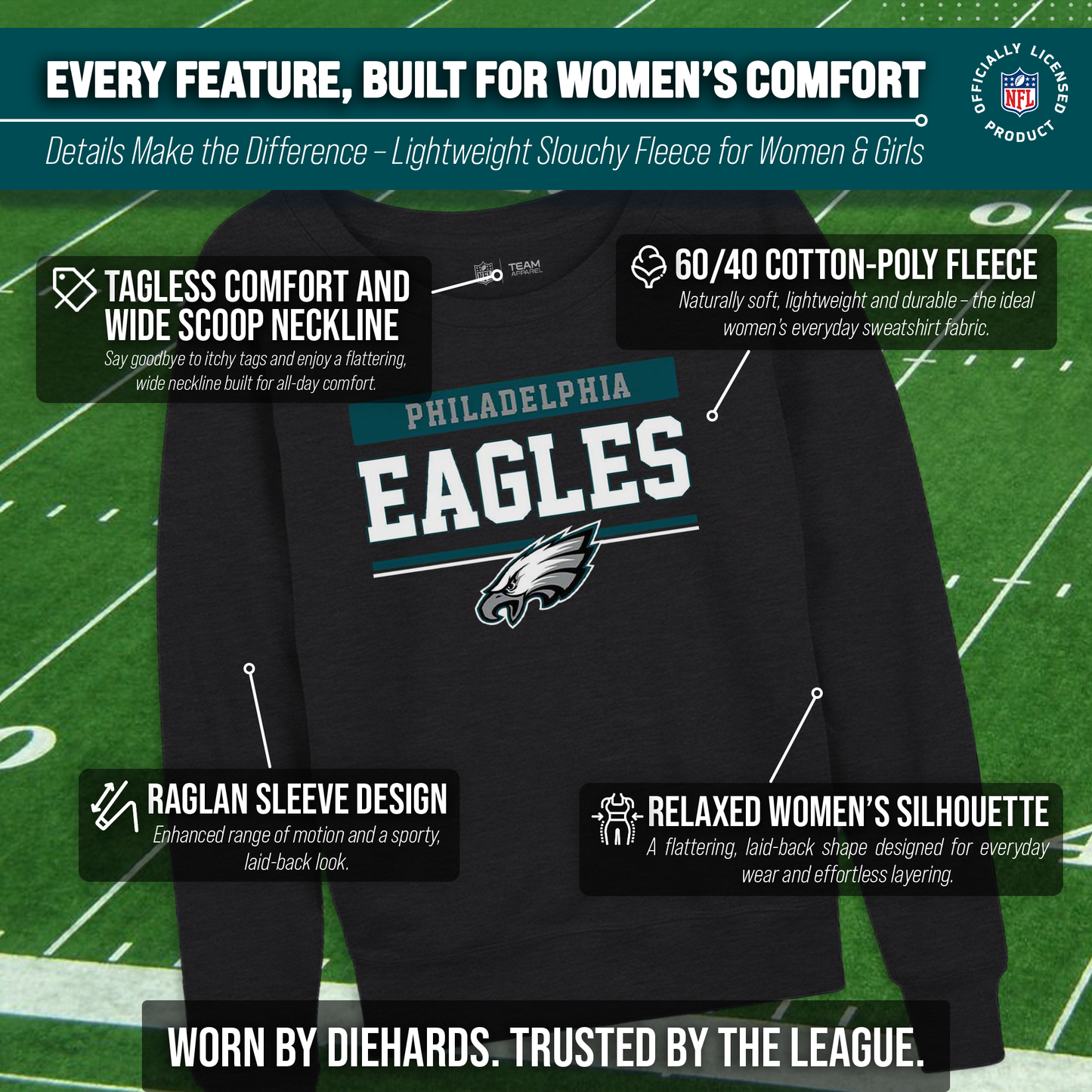Philadelphia Eagles NFL Womens Charcoal Crew Neck Football Apparel - Charcoal