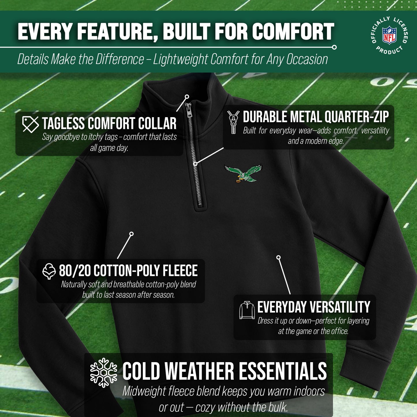 Philadelphia Eagles NFL Adult Unisex Team Logo Quarter Zip Pullover Sweatshirt - Black