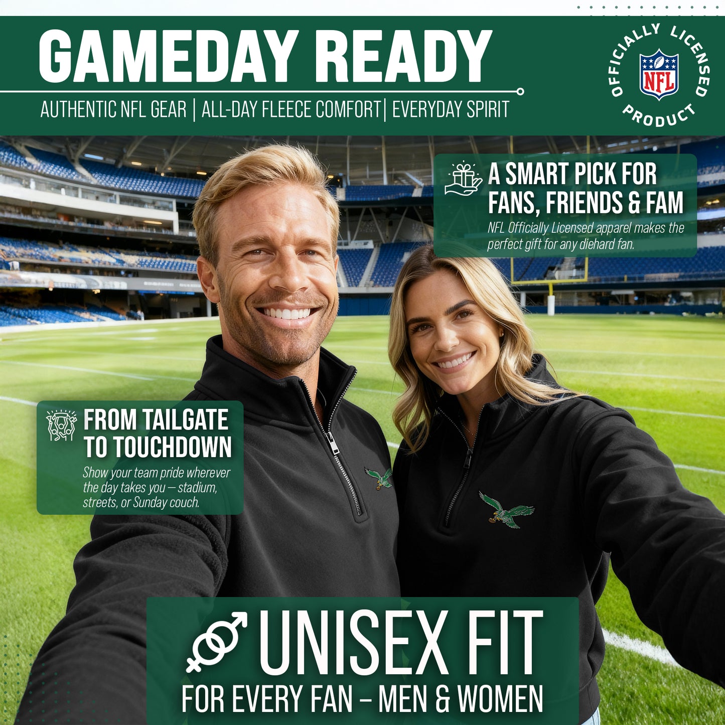 Philadelphia Eagles NFL Adult Unisex Team Logo Quarter Zip Pullover Sweatshirt - Black