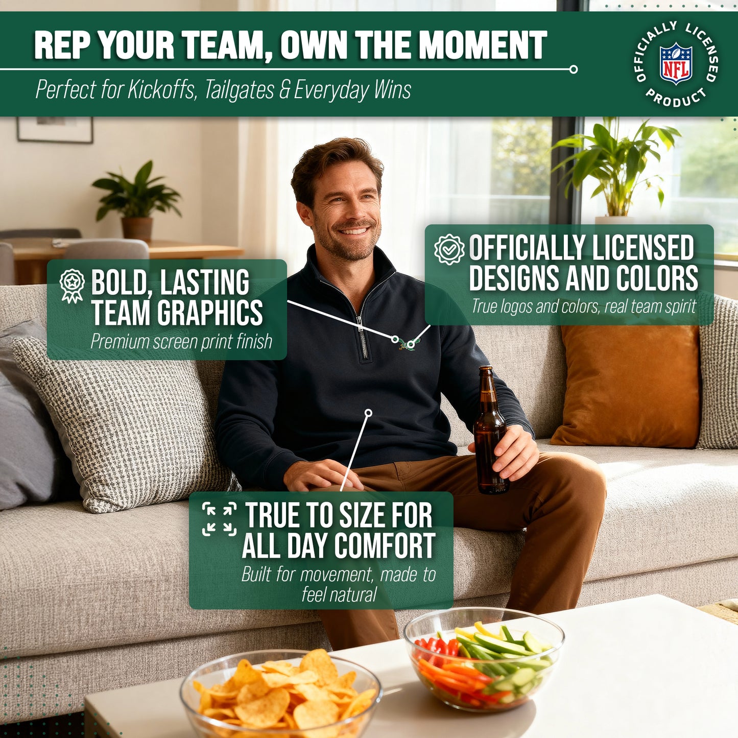 Philadelphia Eagles NFL Adult Unisex Team Logo Quarter Zip Pullover Sweatshirt - Black