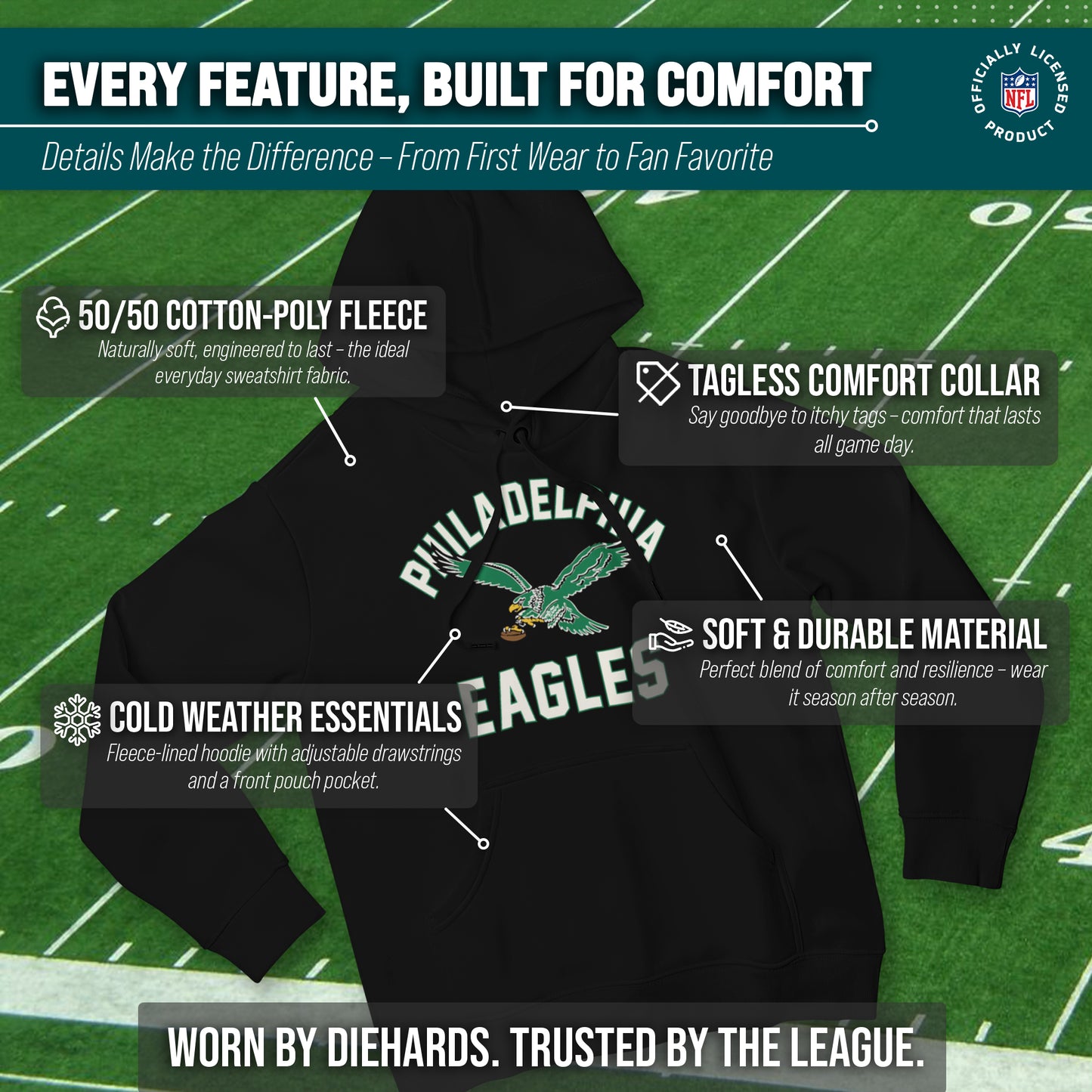Philadelphia Eagles NFL Adult Unisex Retro Gameday Ultra Soft Fleece Hooded Sweatshirt - Black