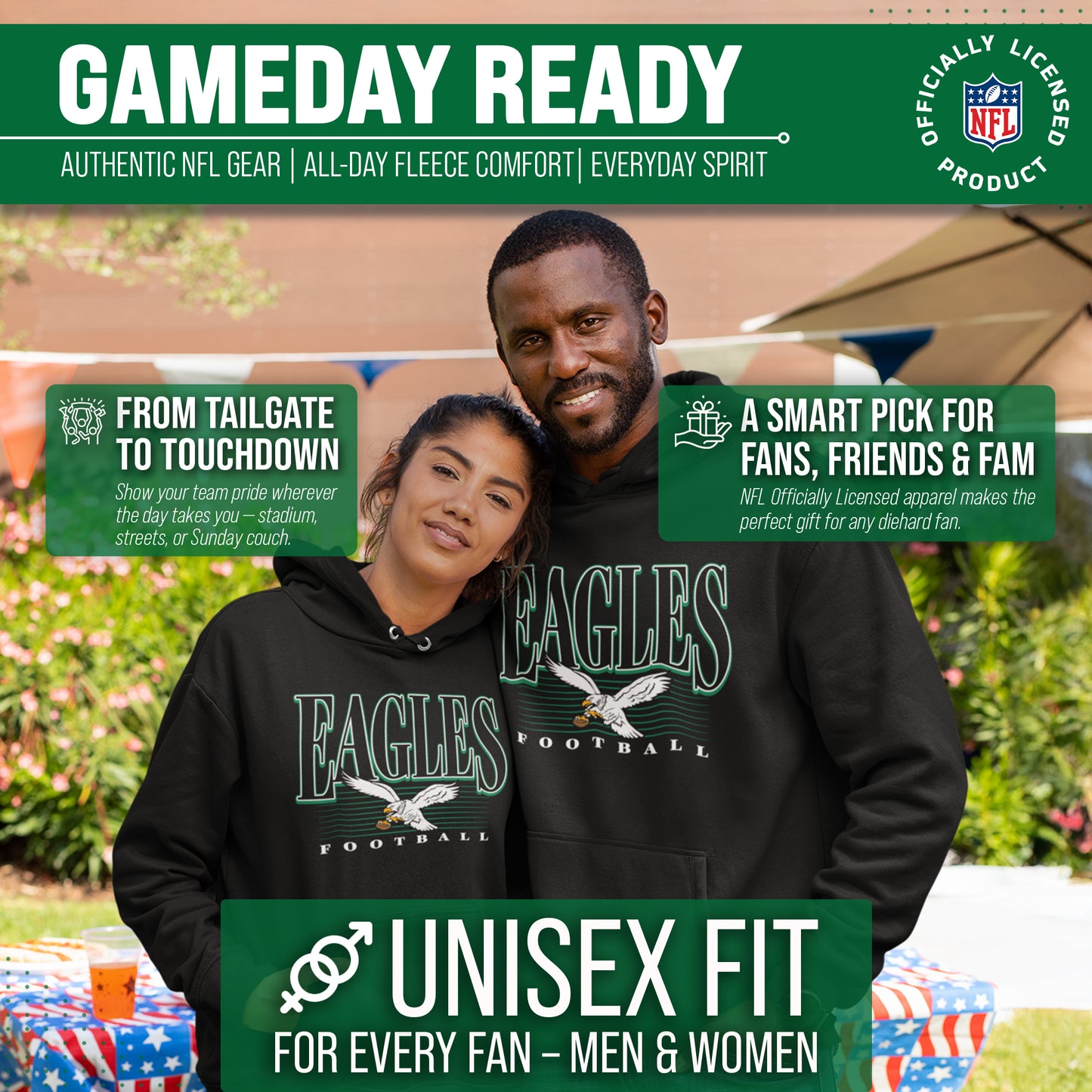 Philadelphia Eagles NFL Adult Unisex Overtime Blueprint Soft Fleece Hooded Sweatshirt - Black