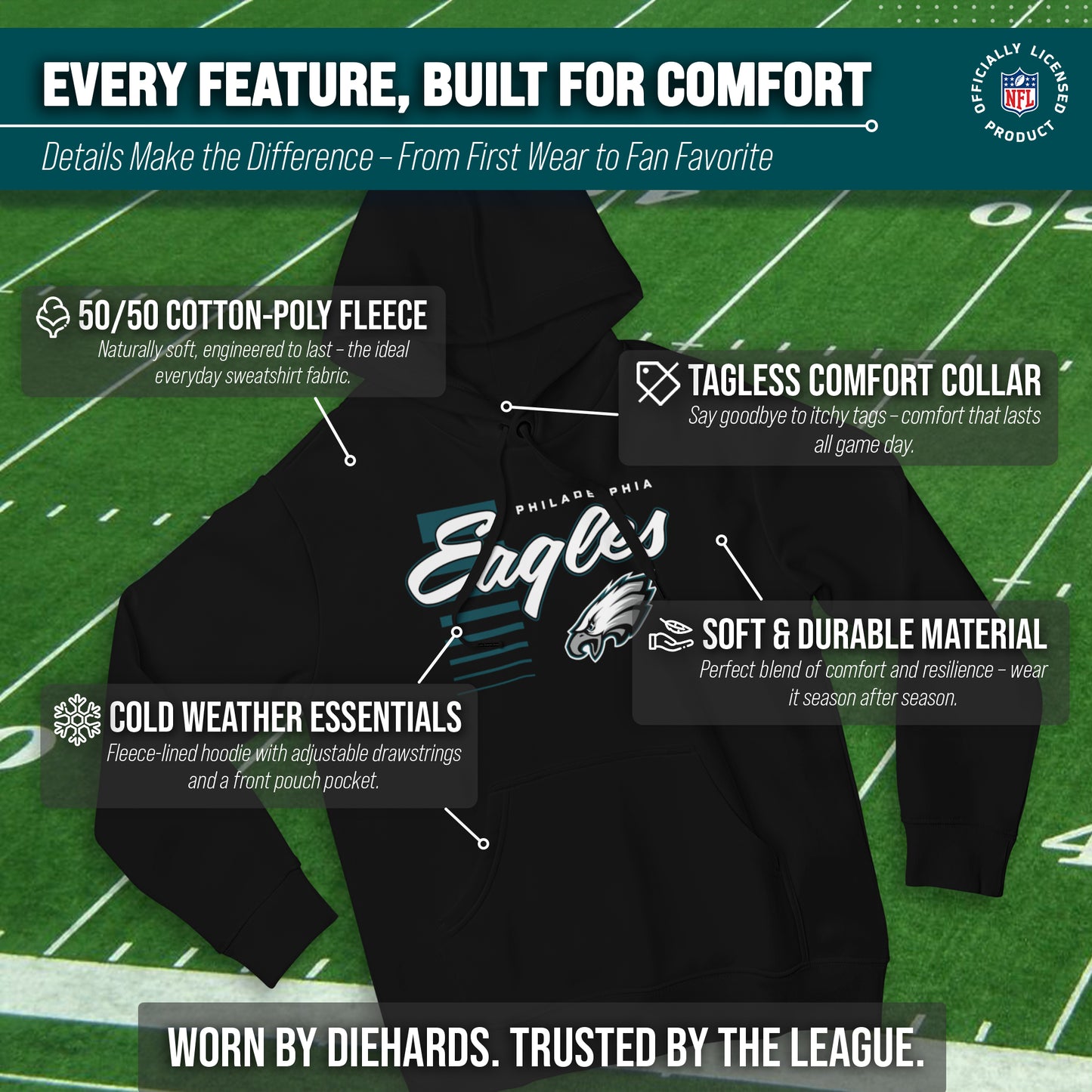Philadelphia Eagles NFL Adult Unisex Retro Script Ultra Soft Fleece Hooded Sweatshirt - Black