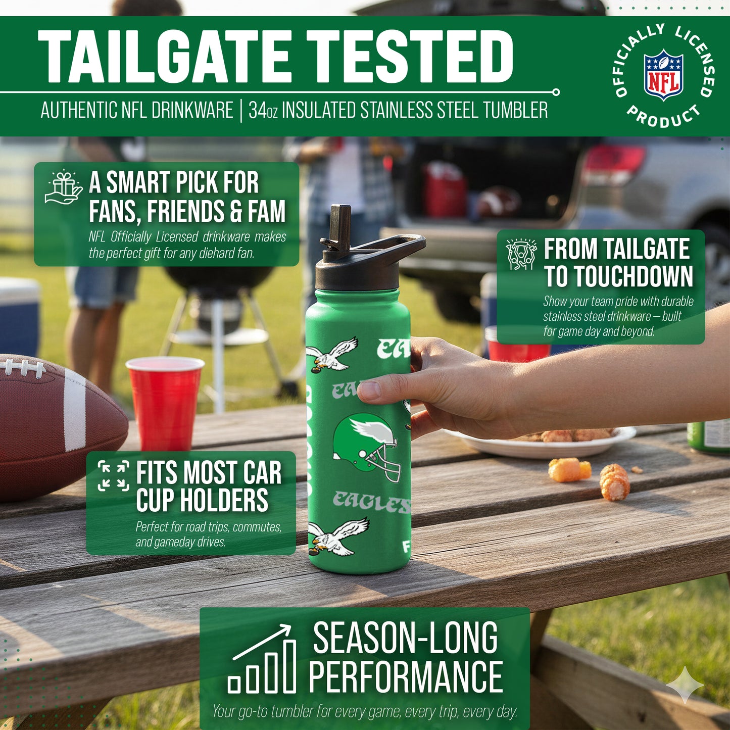 Philadelphia Eagles NFL 34Oz Native Quencher Water Bottle - Kelly Green