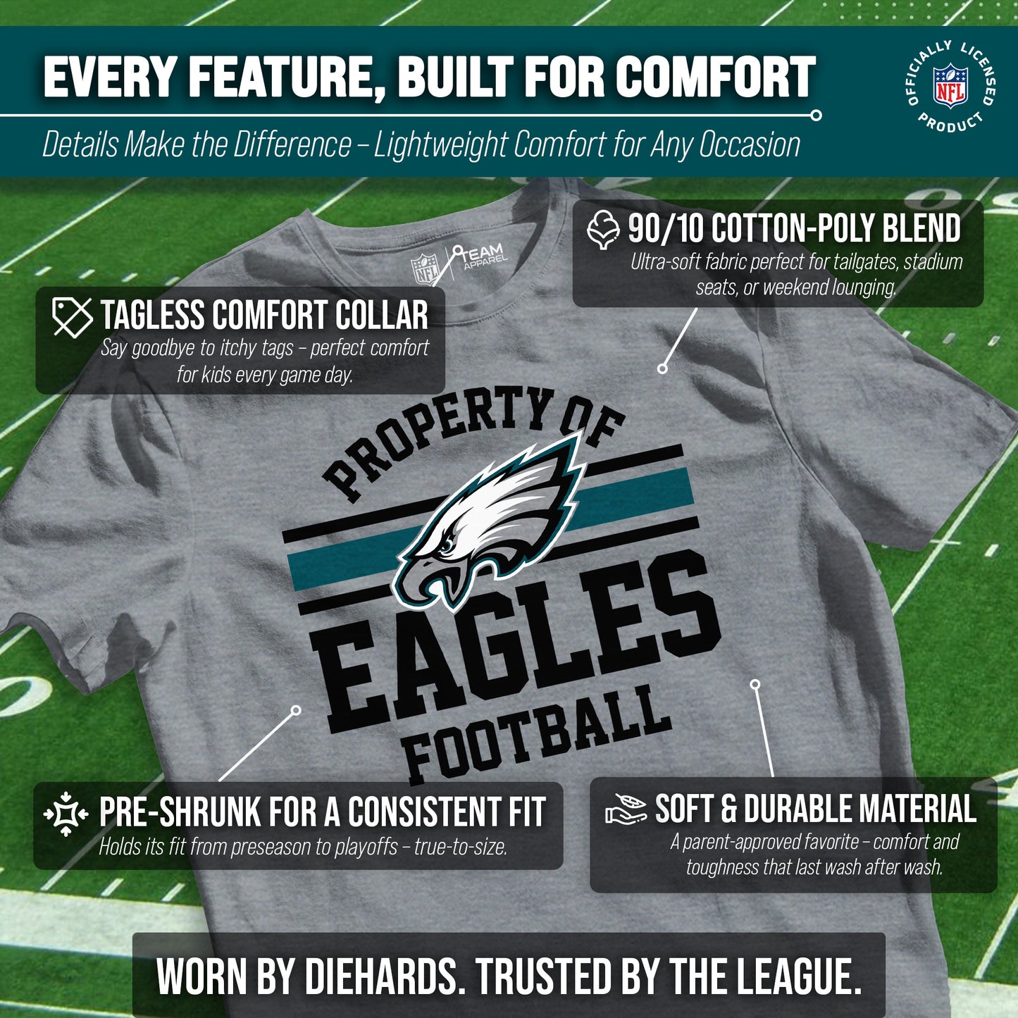 Philadelphia Eagles NFL Youth Property Of Short Sleeve Lightweight T Shirt - Sport Gray